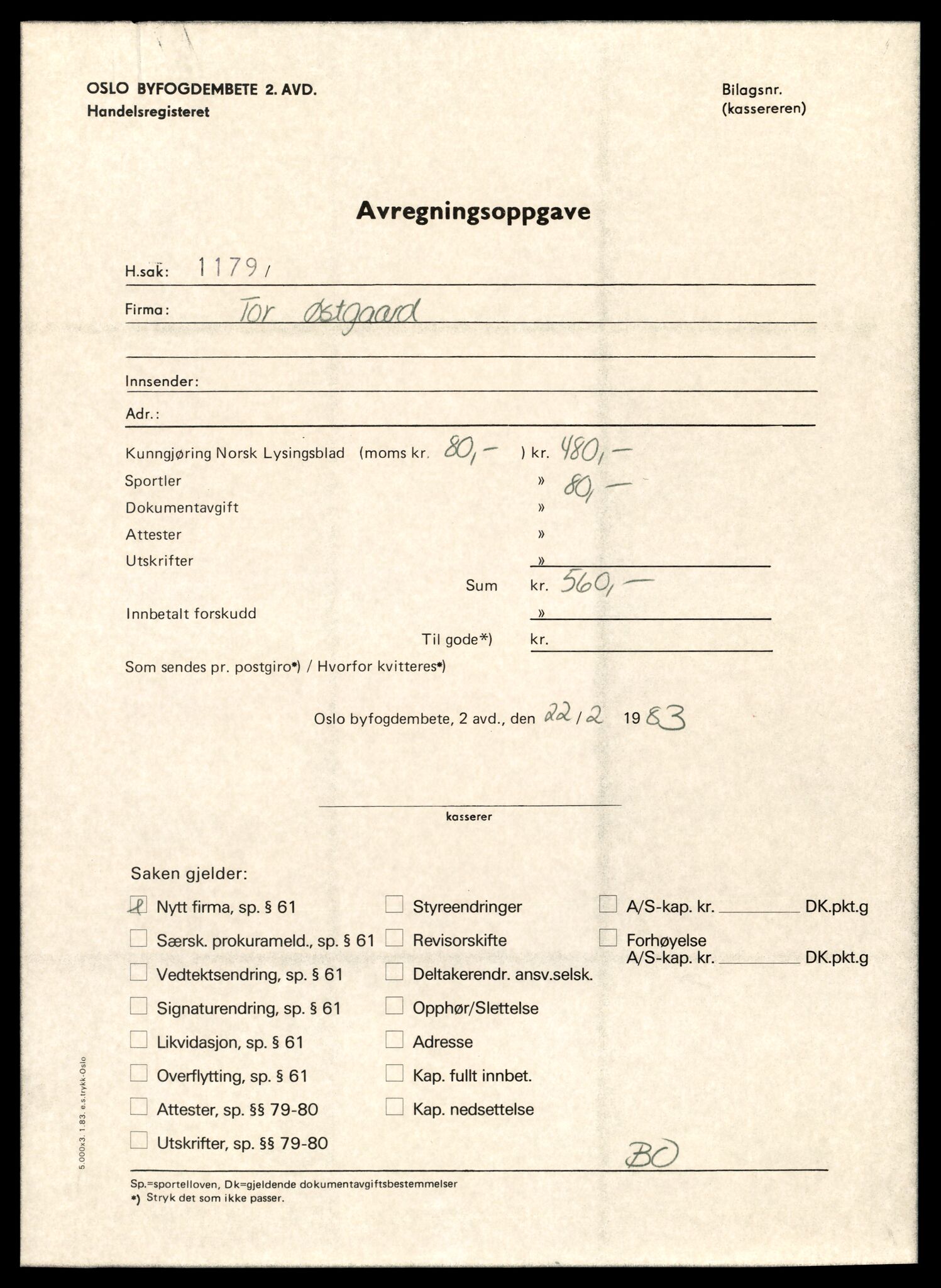 Oslo byfogd, Handelsregisteret, SAT/A-10867/G/Gc/Gca/L0836: Ikke konverterte foretak, Tor Ø-Tou, 1890-1990, s. 1