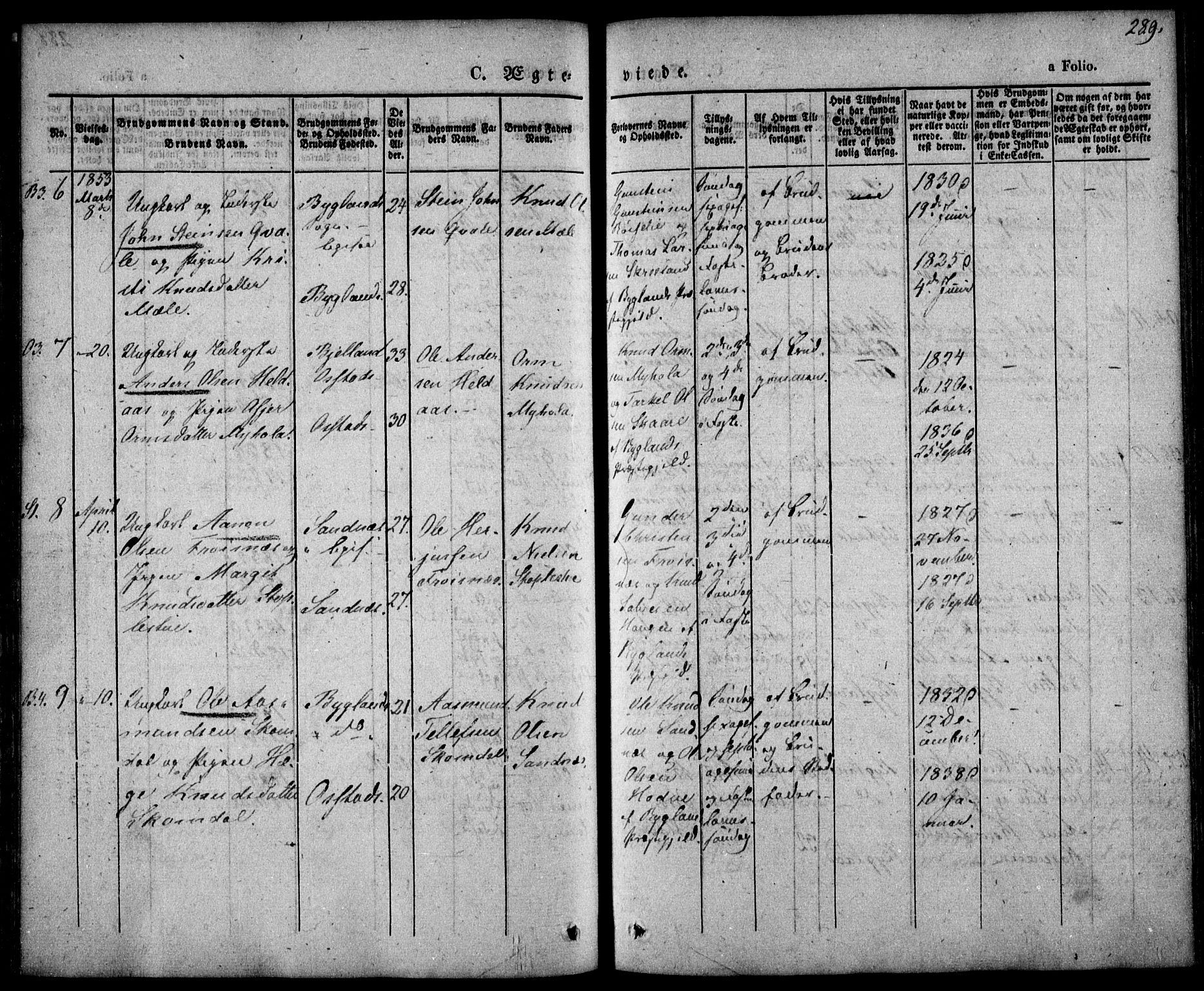 Bygland sokneprestkontor, AV/SAK-1111-0006/F/Fa/Fab/L0004: Ministerialbok nr. A 4, 1842-1858, s. 289