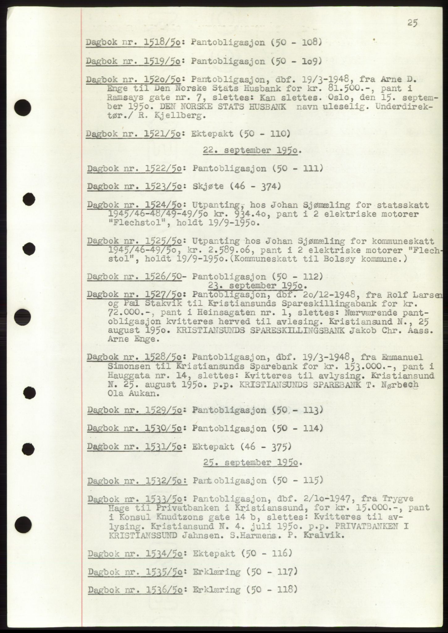 Kristiansund byfogd, AV/SAT-A-4587/A/27: Pantebok nr. 49, 1950-1950, Tingl.dato: 22.09.1950