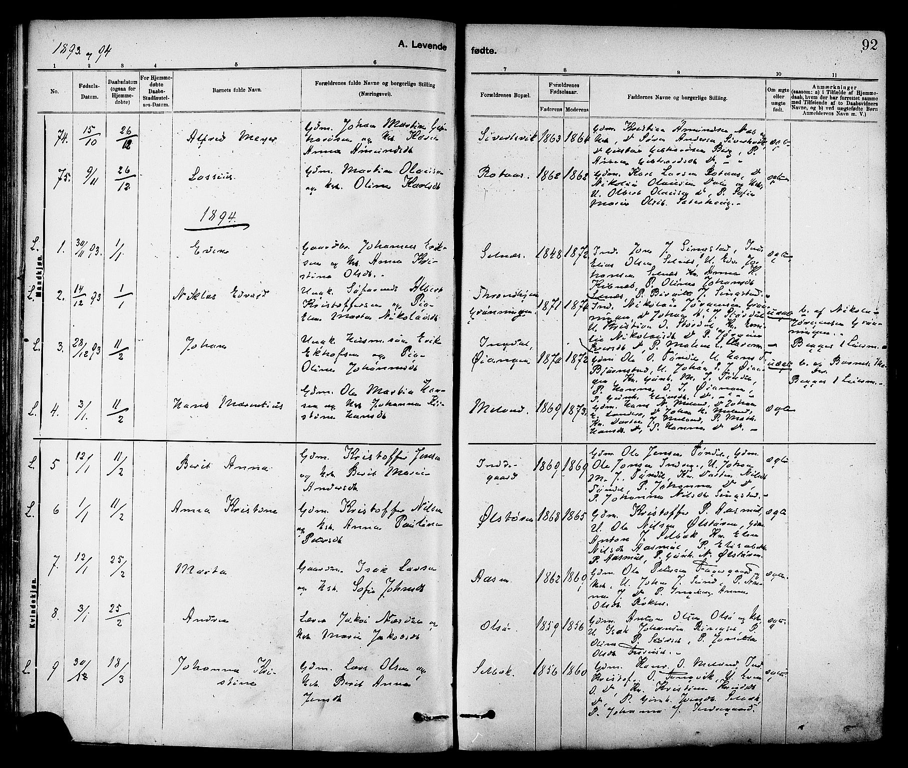 Ministerialprotokoller, klokkerbøker og fødselsregistre - Sør-Trøndelag, AV/SAT-A-1456/647/L0634: Ministerialbok nr. 647A01, 1885-1896, s. 92