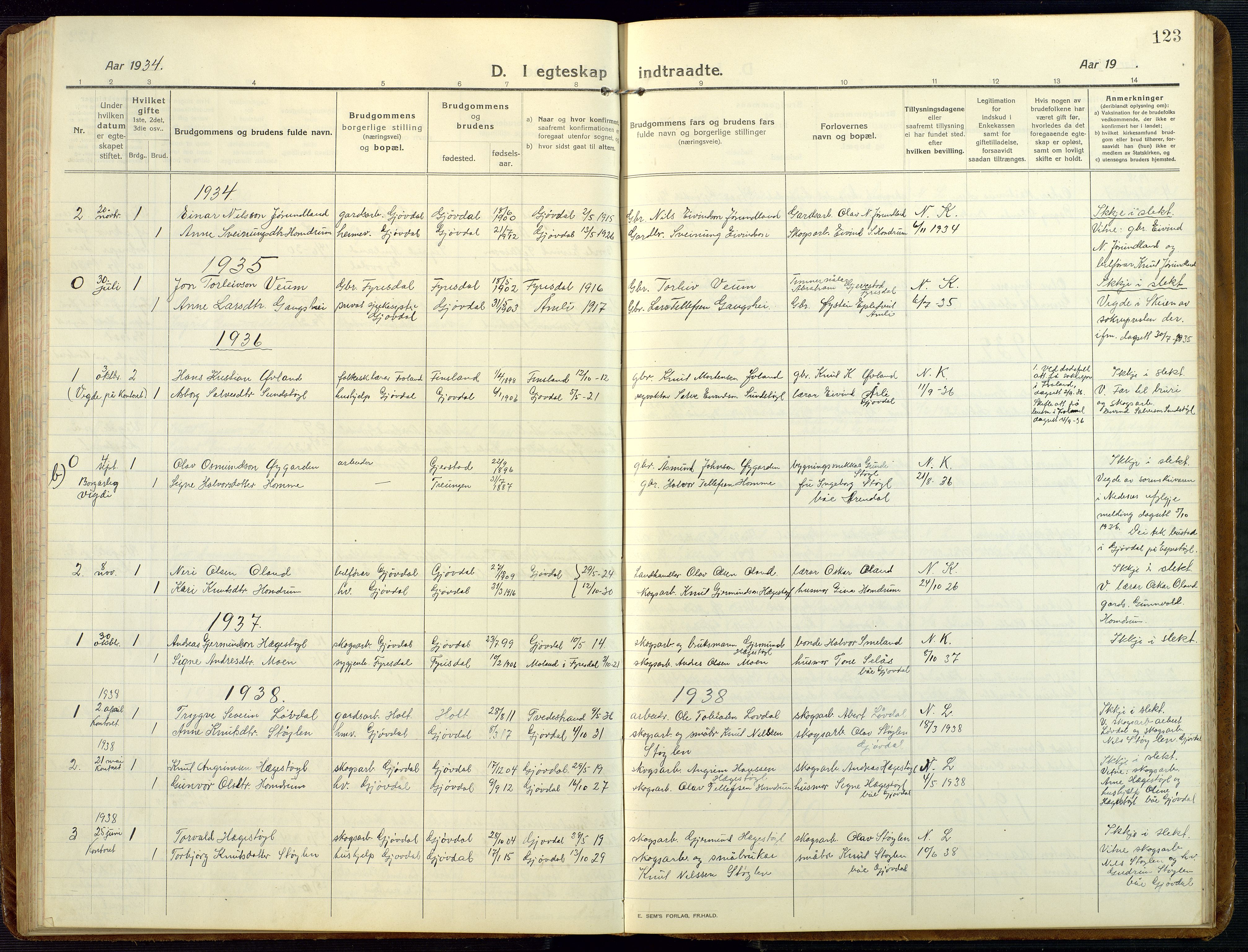 Åmli sokneprestkontor, AV/SAK-1111-0050/F/Fb/Fba/L0003: Klokkerbok nr. B 3, 1912-1974, s. 123