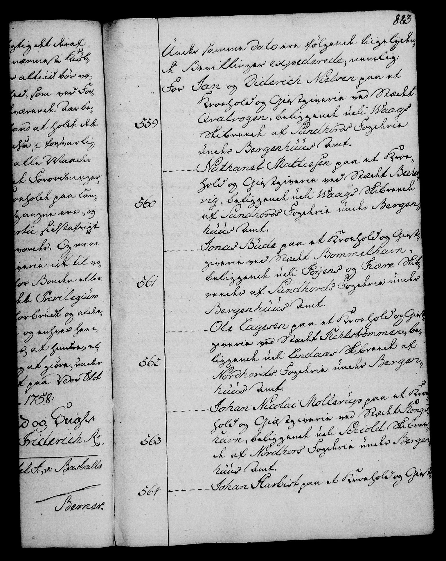 Rentekammeret, Kammerkanselliet, RA/EA-3111/G/Gg/Gga/L0006: Norsk ekspedisjonsprotokoll med register (merket RK 53.6), 1749-1759, s. 883