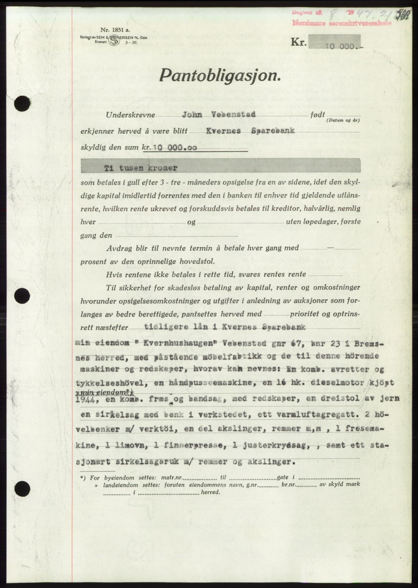Nordmøre sorenskriveri, SAT/A-4132/1/2/2Ca: Pantebok nr. B95, 1946-1947, Dagboknr: 8/1947