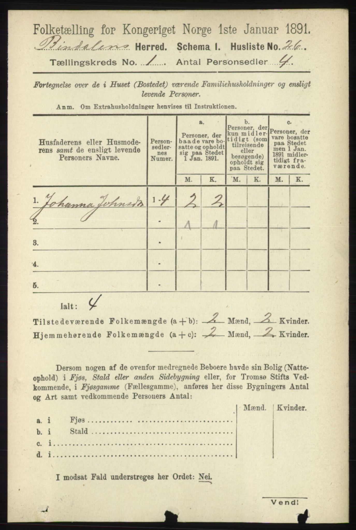 RA, Folketelling 1891 for 1811 Bindal herred, 1891, s. 52