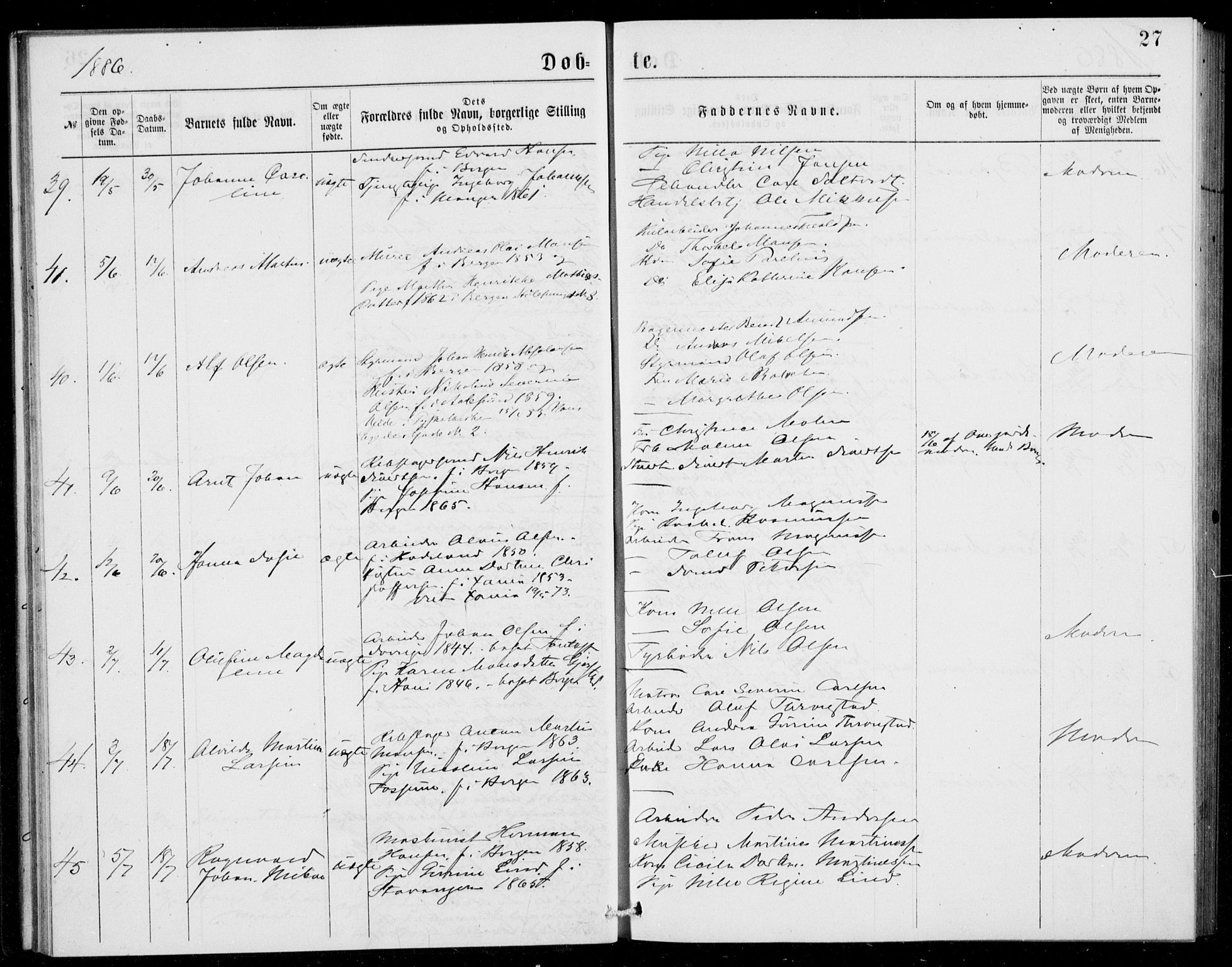 Fødselsstiftelsens sokneprestembete, ført av overlegen*, SAB/-: Ministerialbok nr. A 2, 1884-1900, s. 27