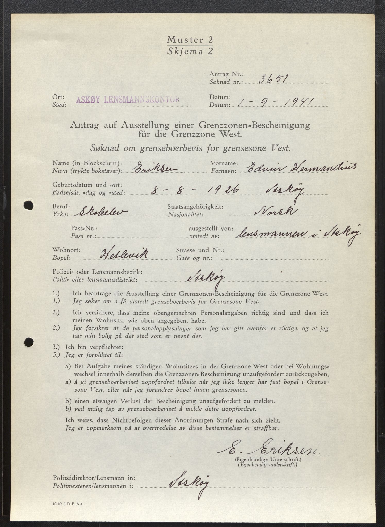 Lensmannen i Askøy, AV/SAB-A-31001/0026/L0011: Søknader om grensebuarbevis 3401 - 3825, 1940-1942, s. 487
