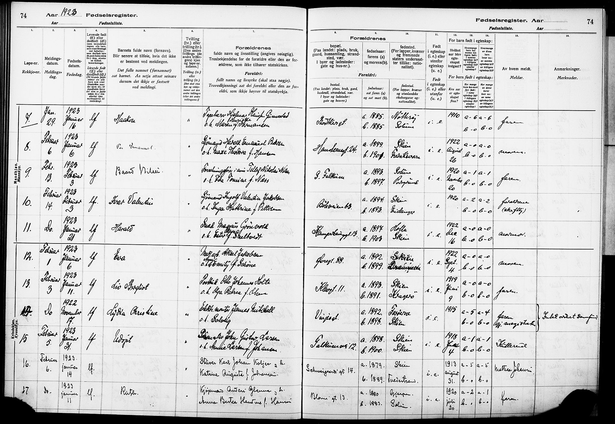 Skien kirkebøker, AV/SAKO-A-302/J/Ja/L0002: Fødselsregister nr. 2, 1921-1927, s. 74