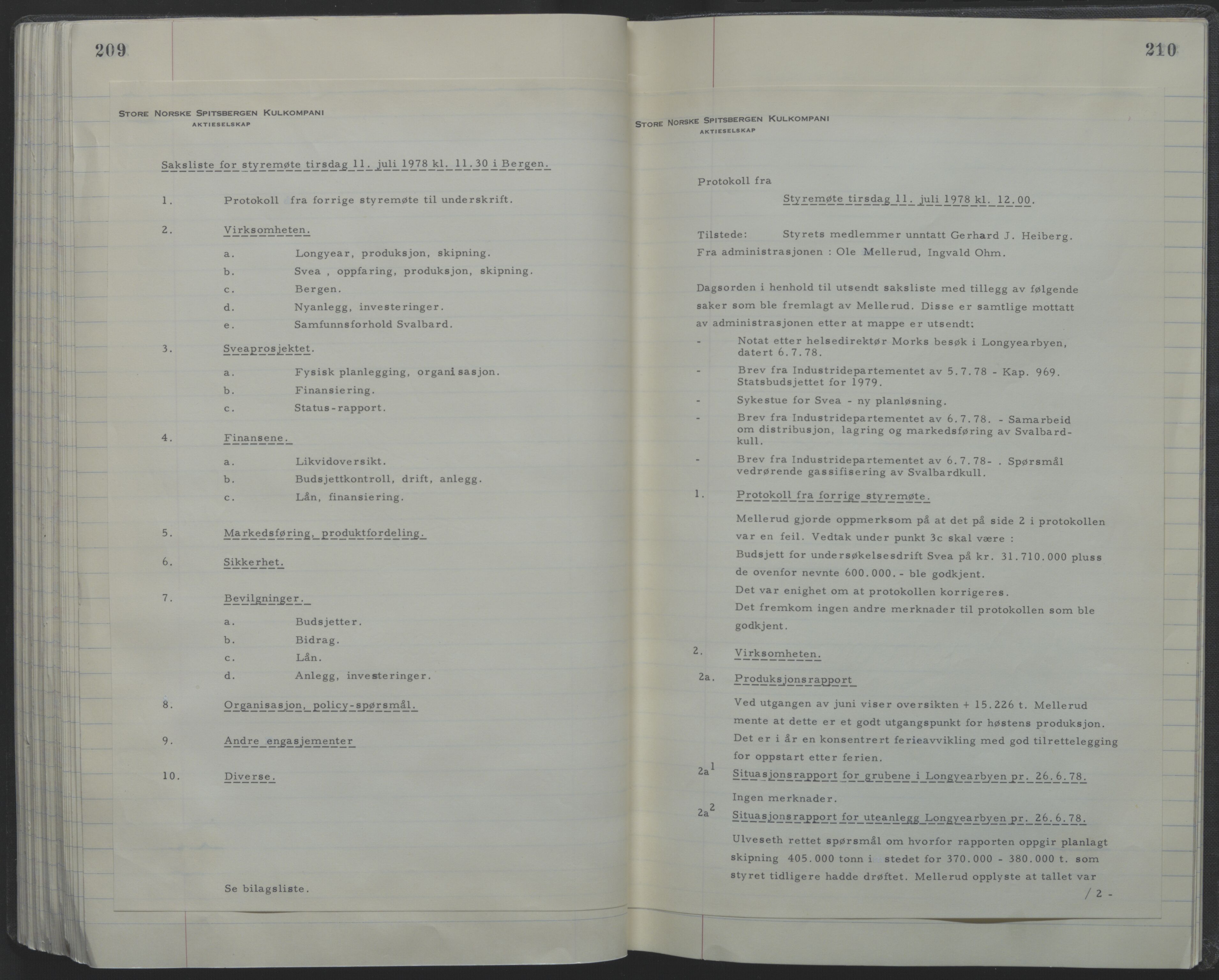 Store Norske Spitsbergen Kulkompani A/S, AV/SATØ-P-0073/09/A/Ab/Aba/L0001: Styreprotokoll 6, 1970-1979, s. 209-210