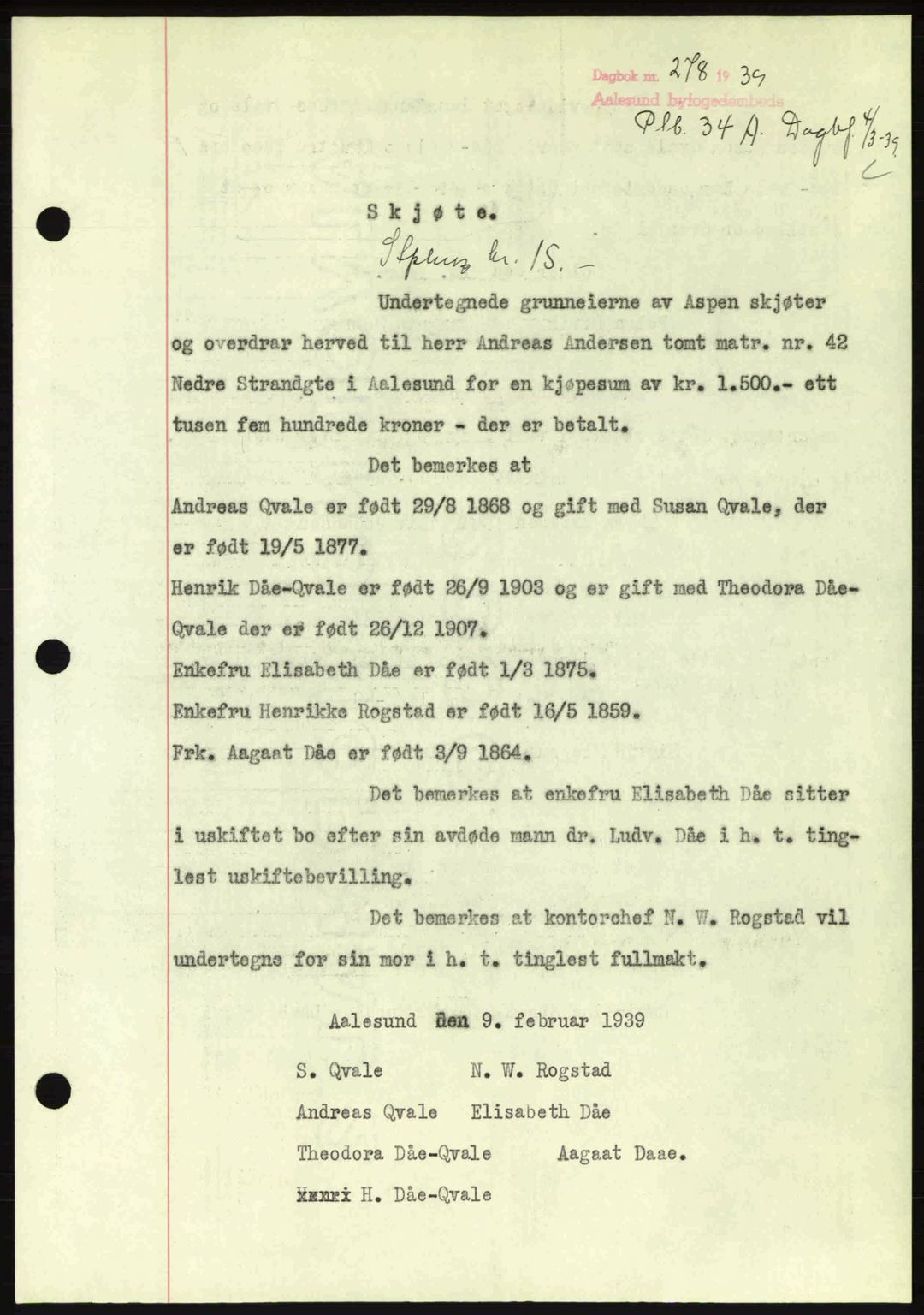 Ålesund byfogd, AV/SAT-A-4384: Pantebok nr. 34 II, 1938-1940, Dagboknr: 278/1939