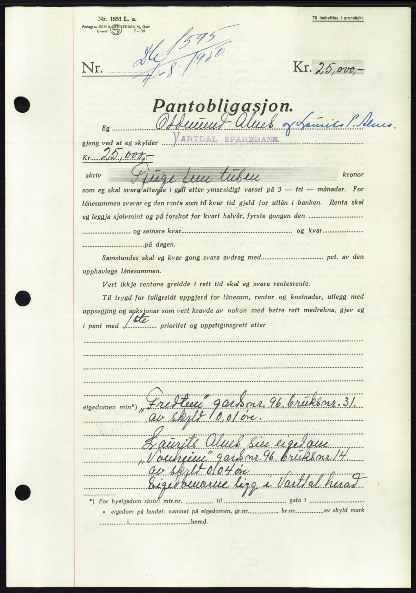 Søre Sunnmøre sorenskriveri, AV/SAT-A-4122/1/2/2C/L0119: Pantebok nr. 7B, 1950-1951, Dagboknr: 1595/1950