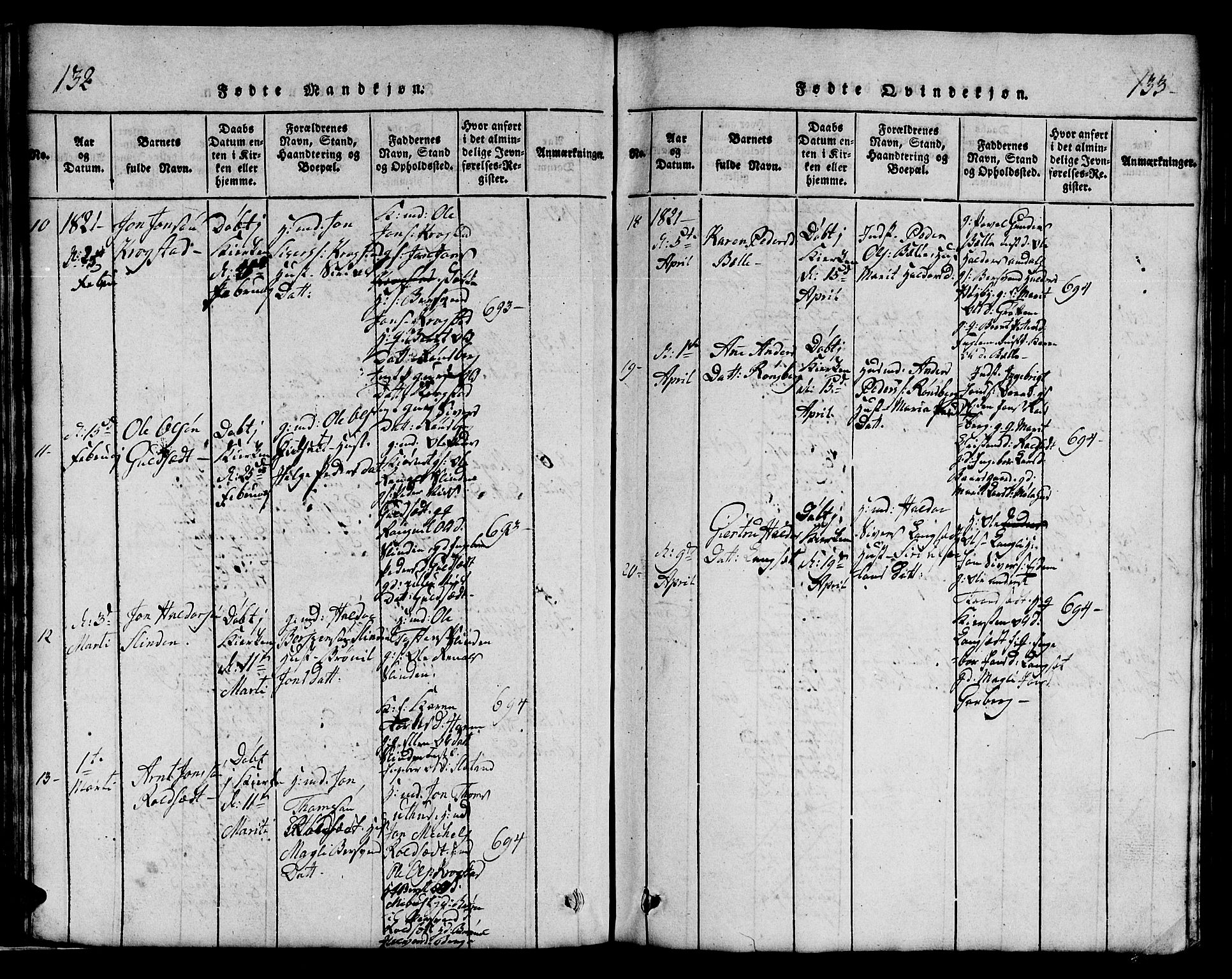 Ministerialprotokoller, klokkerbøker og fødselsregistre - Sør-Trøndelag, AV/SAT-A-1456/695/L1152: Klokkerbok nr. 695C03, 1816-1831, s. 132-133