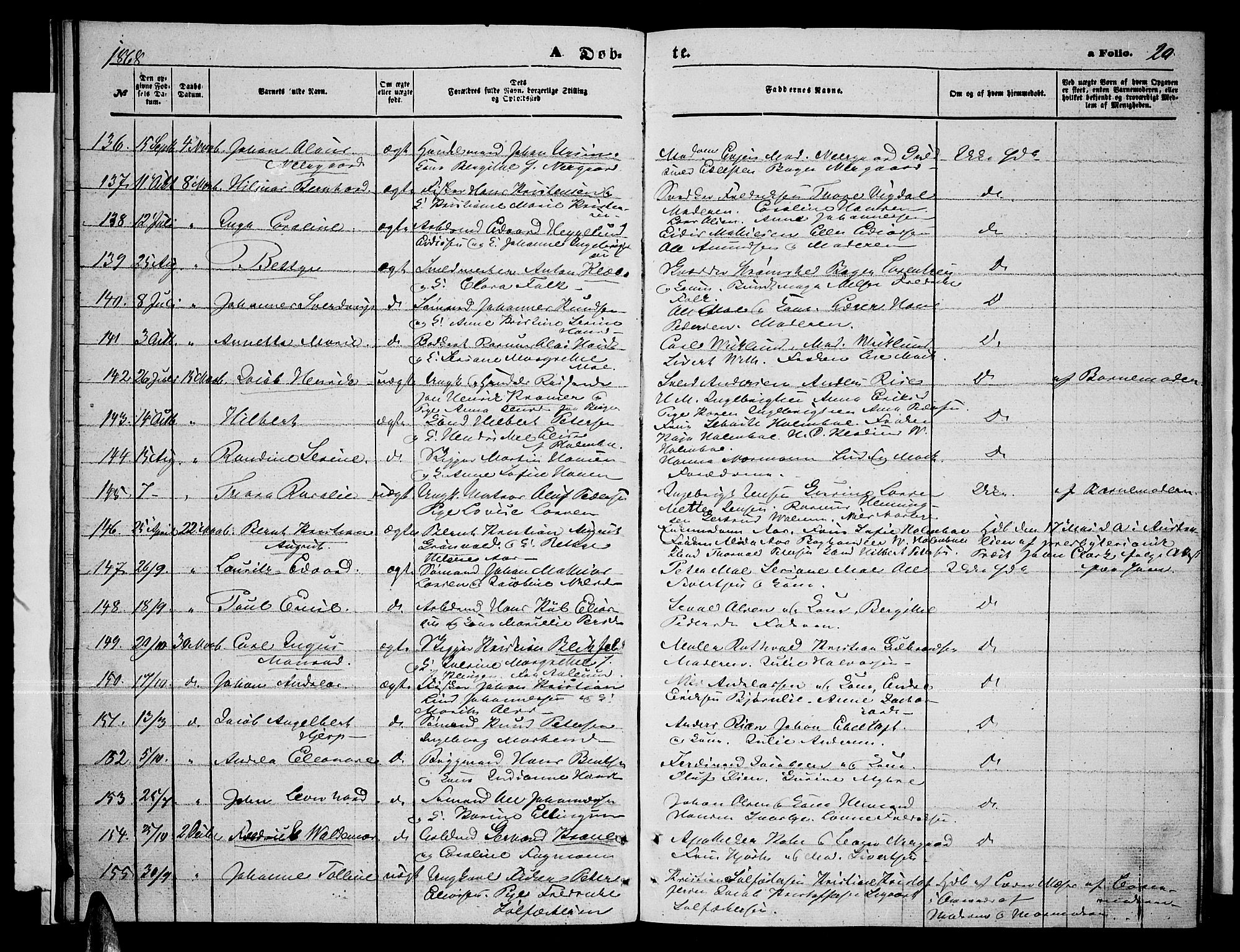 Tromsø sokneprestkontor/stiftsprosti/domprosti, AV/SATØ-S-1343/G/Gb/L0007klokker: Klokkerbok nr. 7, 1867-1875, s. 20