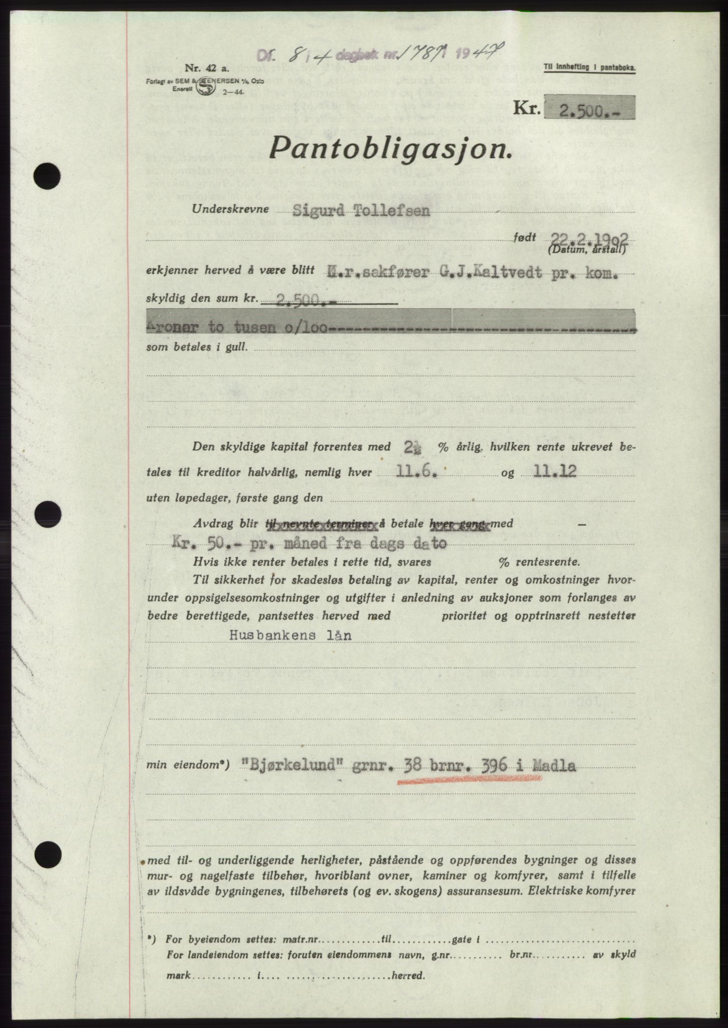Jæren sorenskriveri, SAST/A-100310/03/G/Gba/L0094: Pantebok, 1947-1947, Dagboknr: 1787/1947