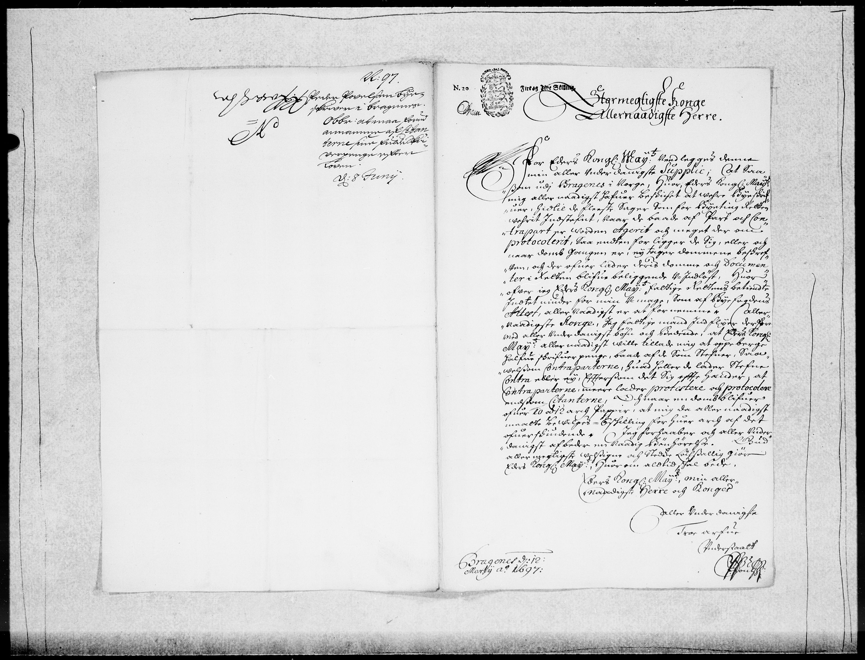 Danske Kanselli 1572-1799, RA/EA-3023/F/Fc/Fcc/Fcca/L0047: Norske innlegg 1572-1799, 1695-1697, s. 321