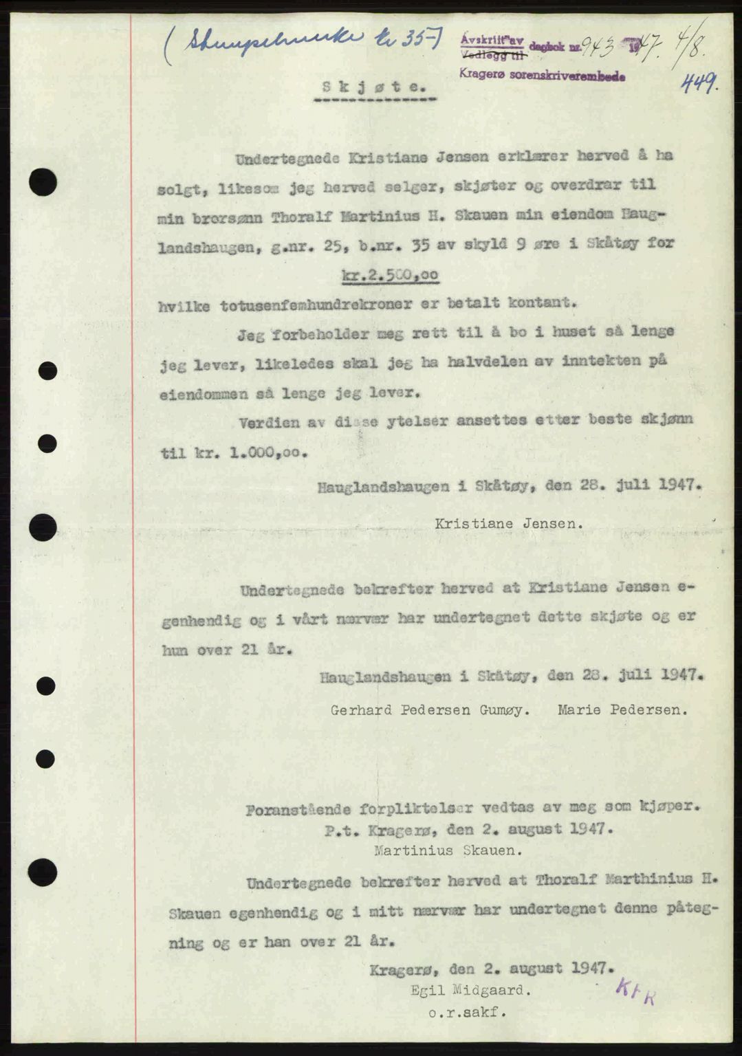Kragerø sorenskriveri, SAKO/A-65/G/Ga/Gab/L0061: Pantebok nr. A-61, 1947-1947, Dagboknr: 943/1947