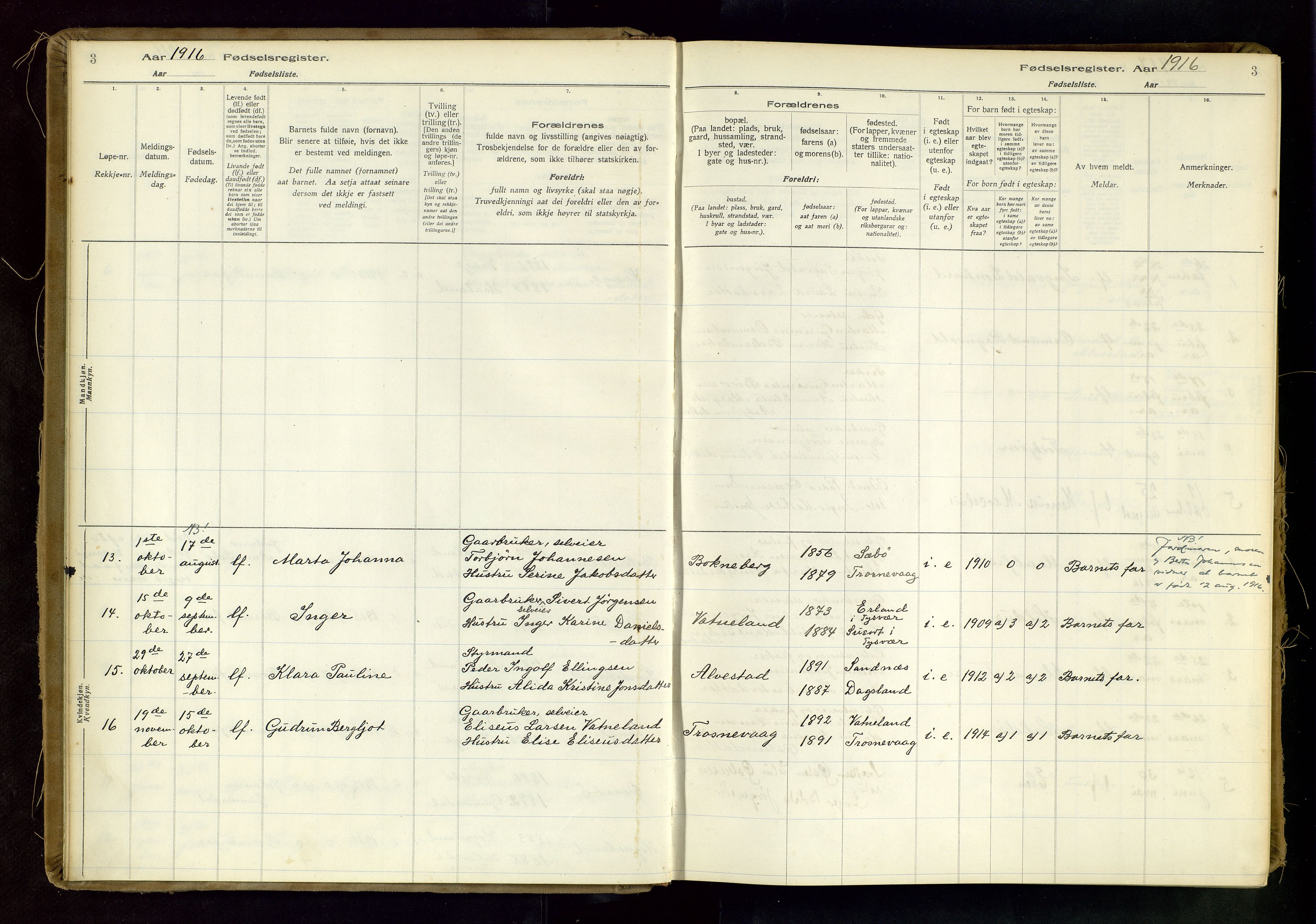 Tysvær sokneprestkontor, AV/SAST-A -101864/I/Id/L0003: Fødselsregister nr. 3, 1916-1982, s. 3