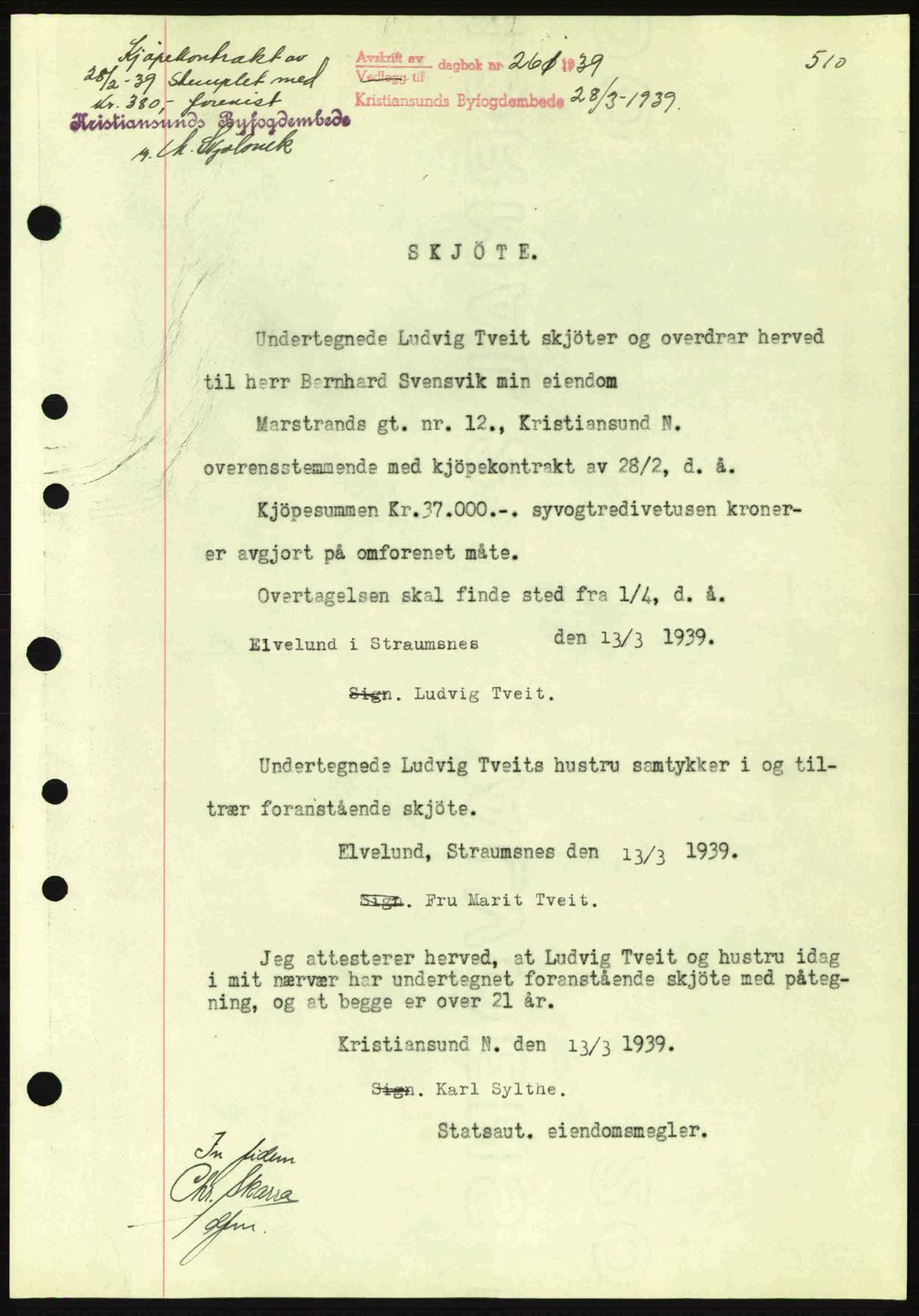 Kristiansund byfogd, SAT/A-4587/A/27: Pantebok nr. 30, 1936-1941, Dagboknr: 261/1939