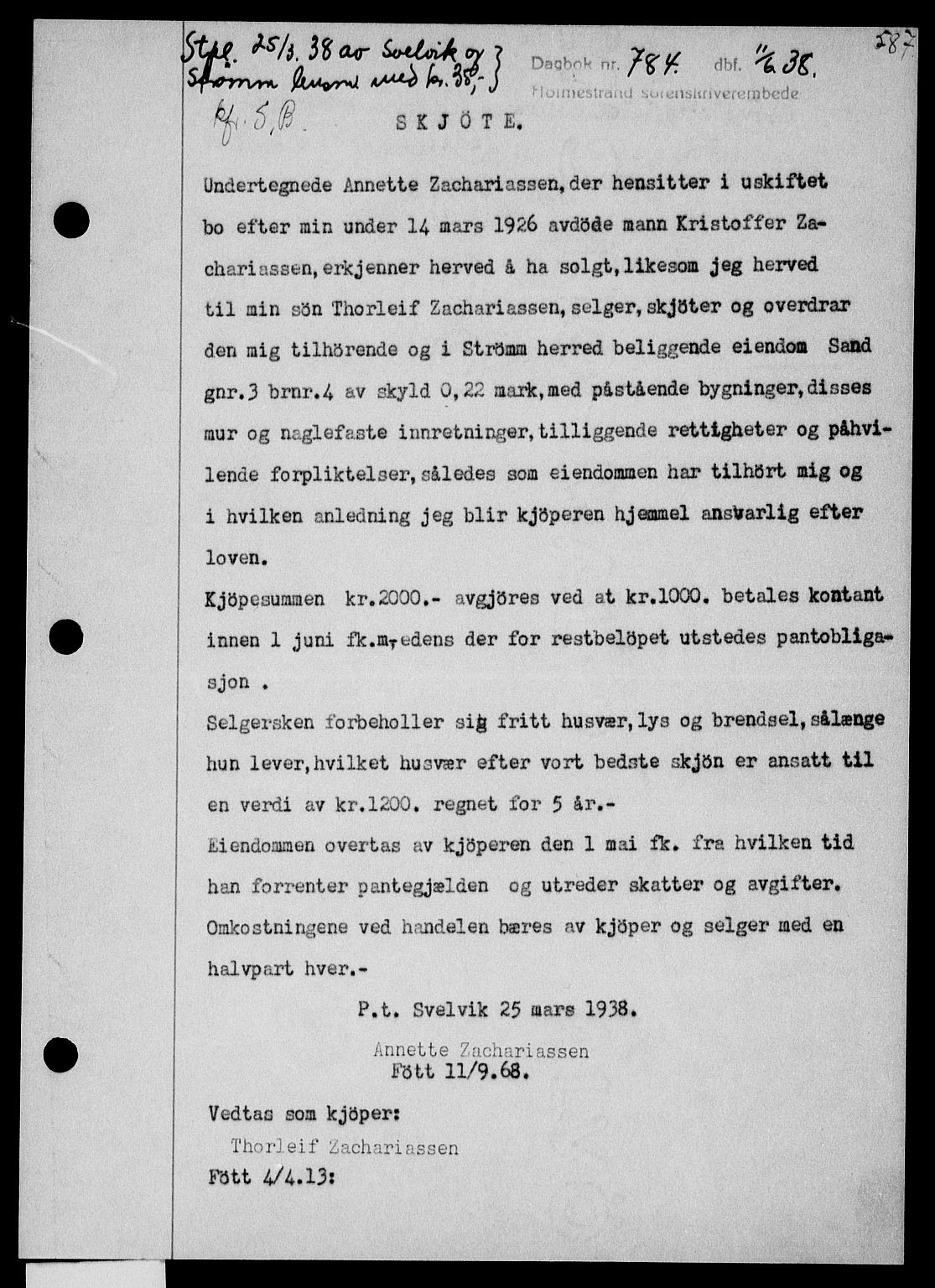 Holmestrand sorenskriveri, SAKO/A-67/G/Ga/Gaa/L0049: Pantebok nr. A-49, 1937-1938, Dagboknr: 784/1938