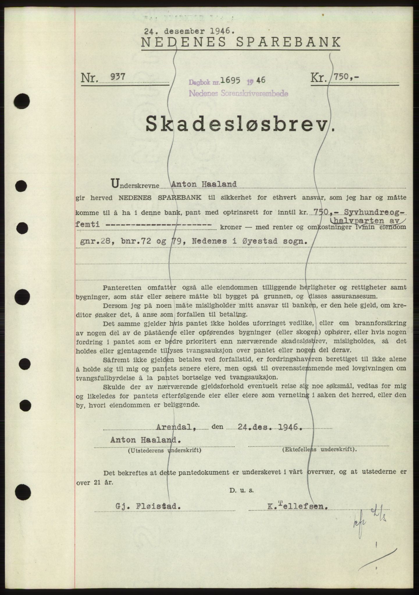 Nedenes sorenskriveri, SAK/1221-0006/G/Gb/Gbb/L0003: Pantebok nr. B3b, 1946-1946, Dagboknr: 1695/1946