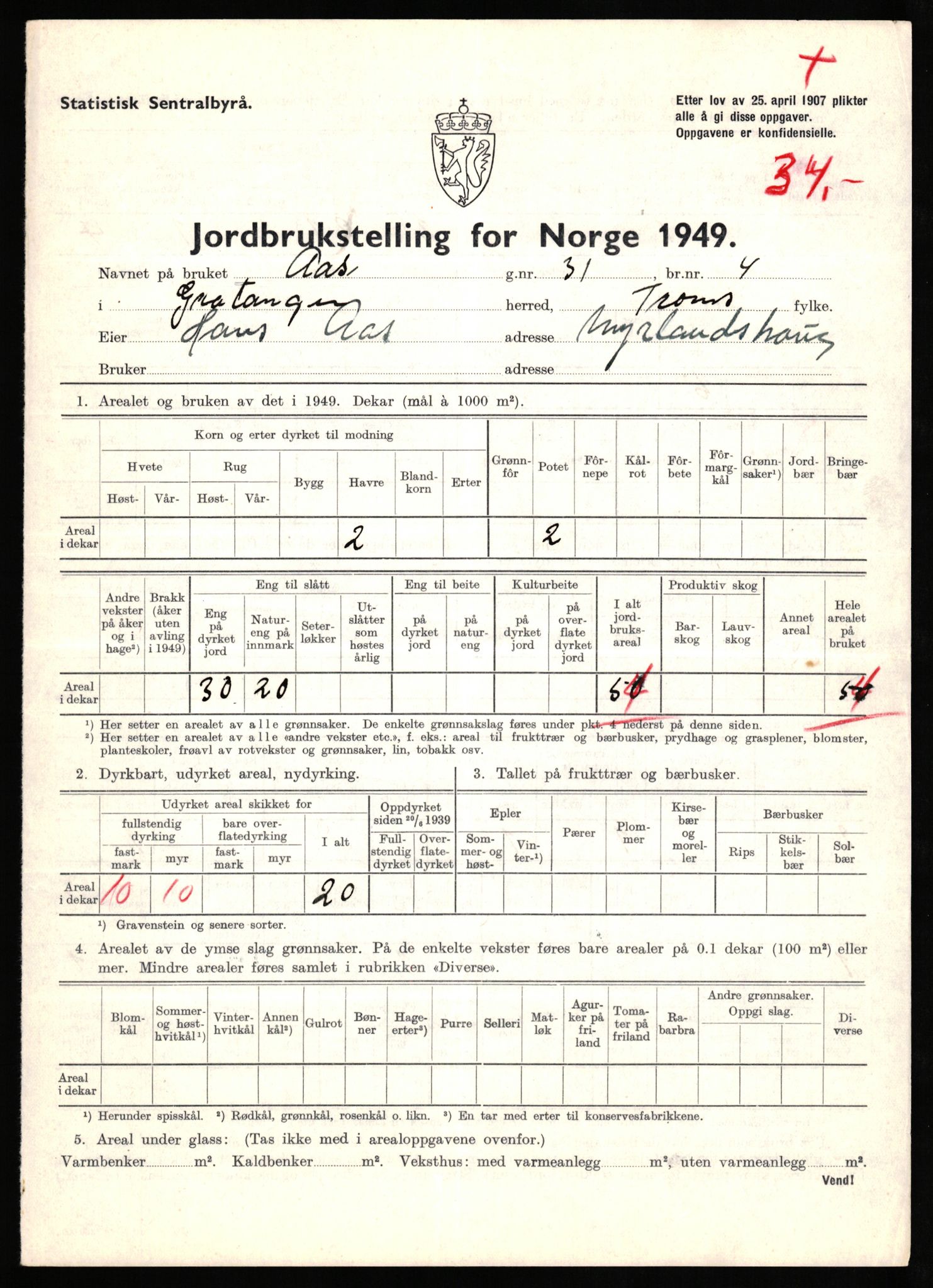 Statistisk sentralbyrå, Næringsøkonomiske emner, Jordbruk, skogbruk, jakt, fiske og fangst, AV/RA-S-2234/G/Gc/L0437: Troms: Gratangen og Lavangen, 1949, s. 1234