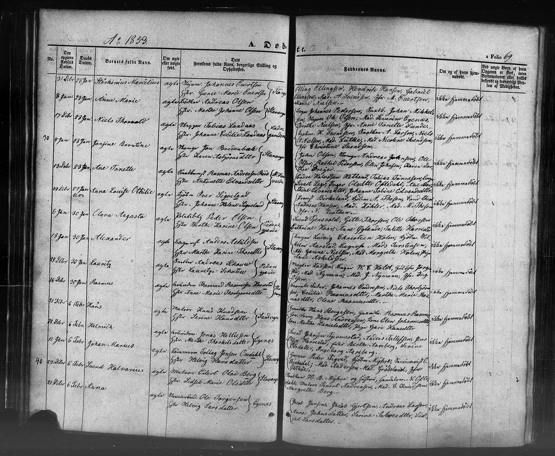 Domkirken sokneprestkontor, AV/SAST-A-101812/001/30/30BB/L0009: Klokkerbok nr. B 9, 1850-1858, s. 69