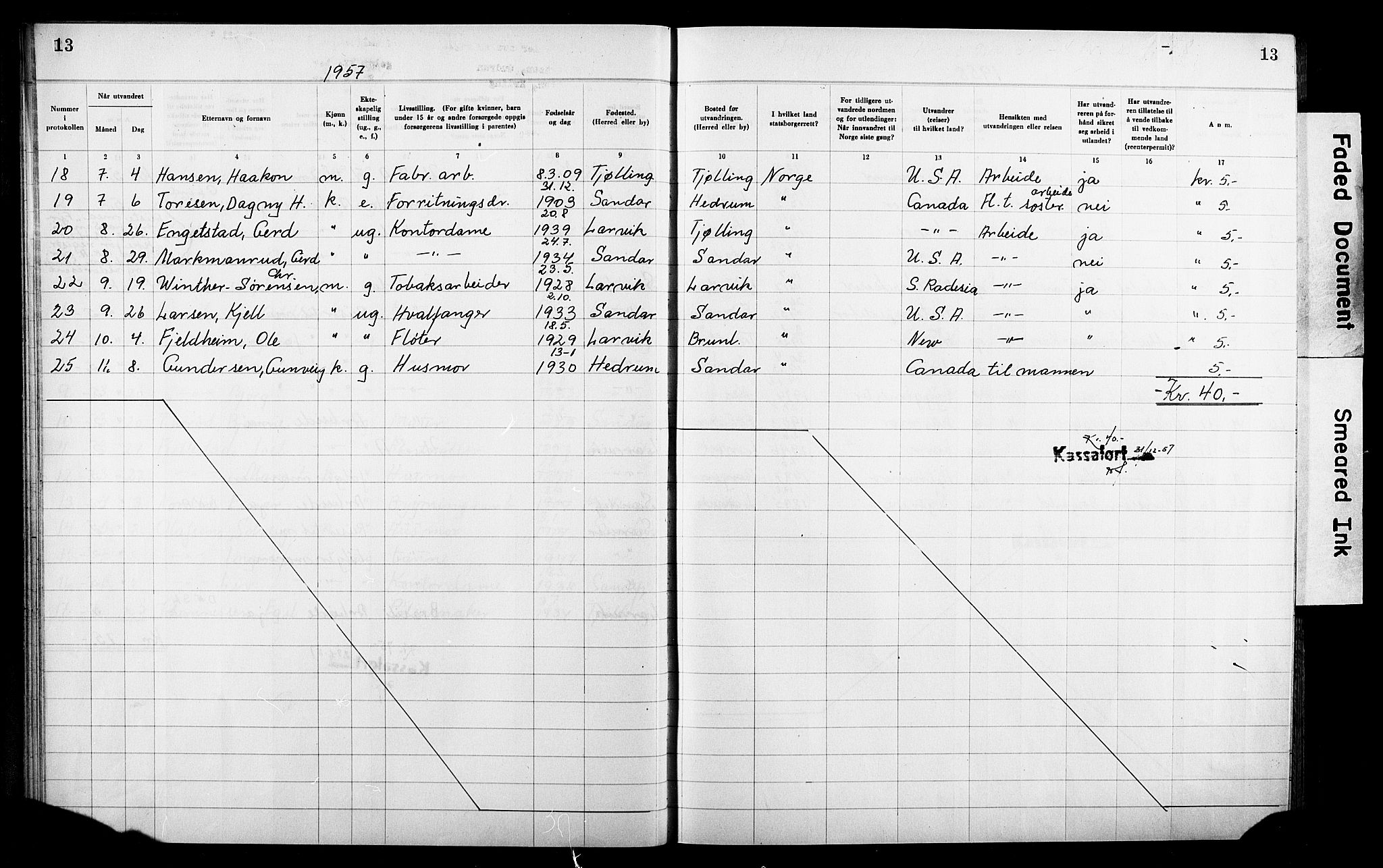 Larvik politikammer, AV/SAKO-A-738/I/Ia/Iaa/L0005: Reisekontroll. Emigrantprotokoll, 1948-1970, s. 13