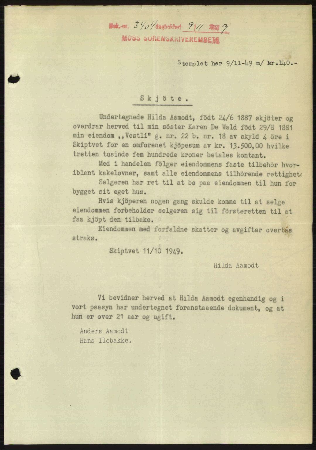Moss sorenskriveri, SAO/A-10168: Pantebok nr. A2, 1947-1950, Dagboknr: 3404/1949
