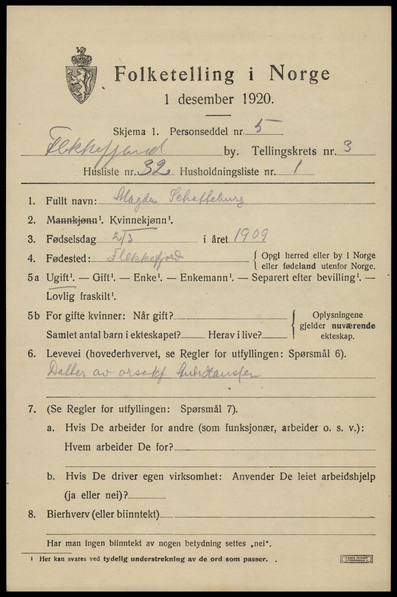 SAK, Folketelling 1920 for 1004 Flekkefjord kjøpstad, 1920, s. 3788