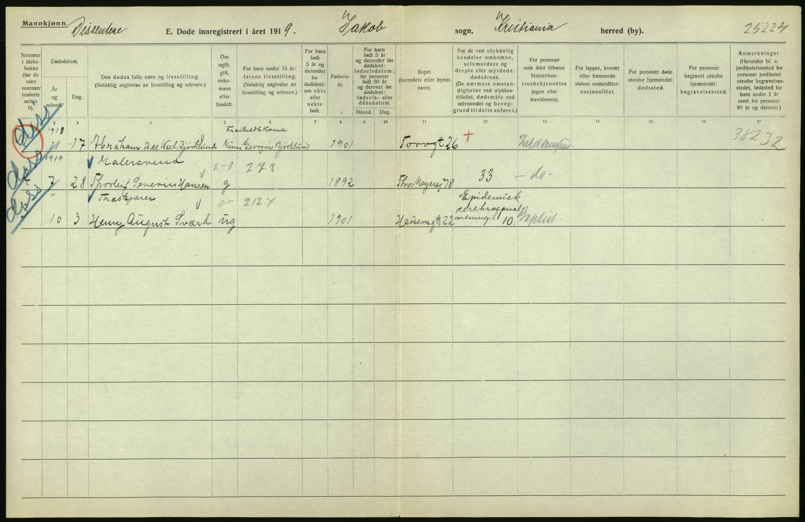 Statistisk sentralbyrå, Sosiodemografiske emner, Befolkning, RA/S-2228/D/Df/Dfb/Dfbi/L0011: Kristiania: Døde, dødfødte, 1919