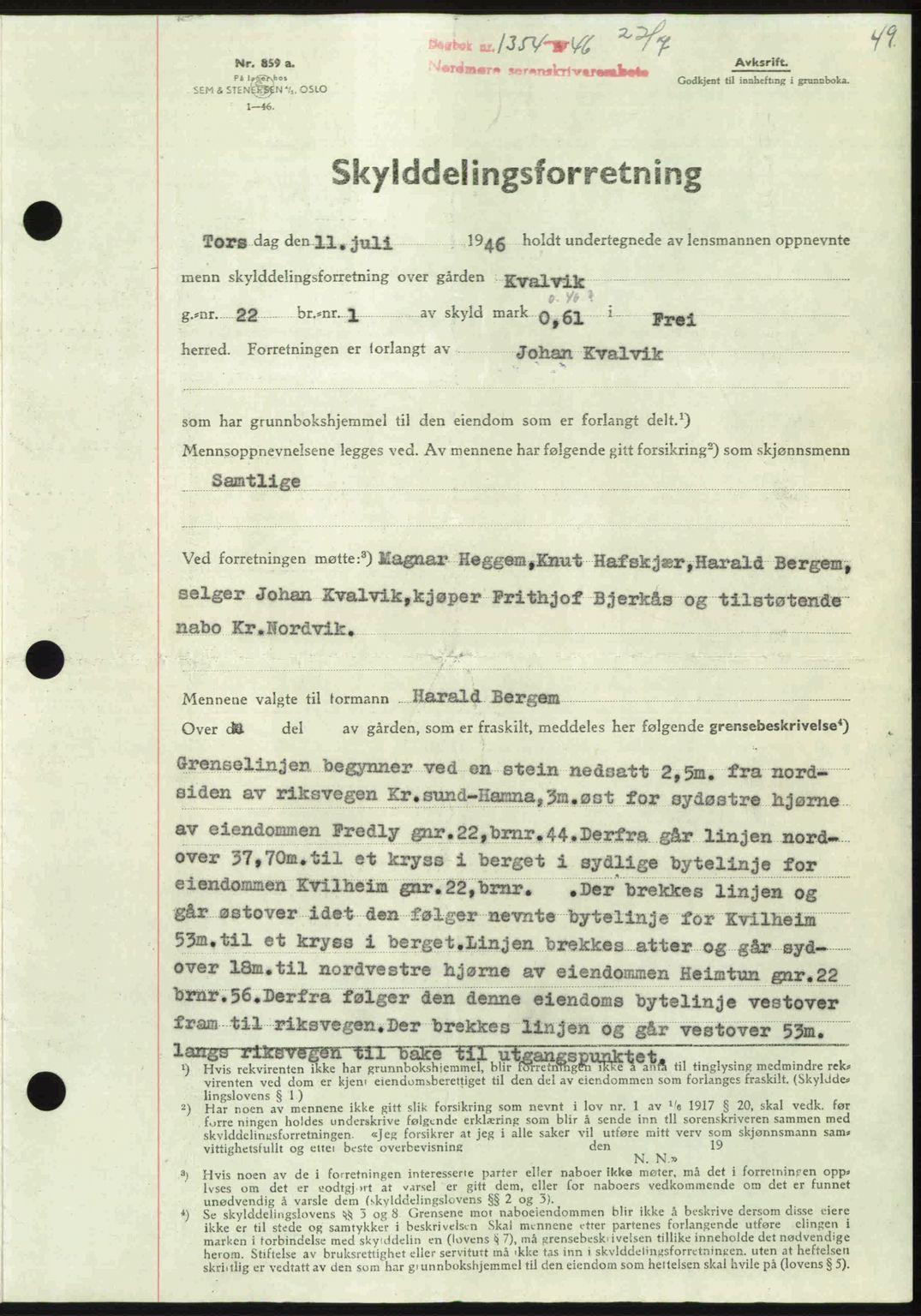 Nordmøre sorenskriveri, SAT/A-4132/1/2/2Ca: Pantebok nr. A102, 1946-1946, Dagboknr: 1354/1946
