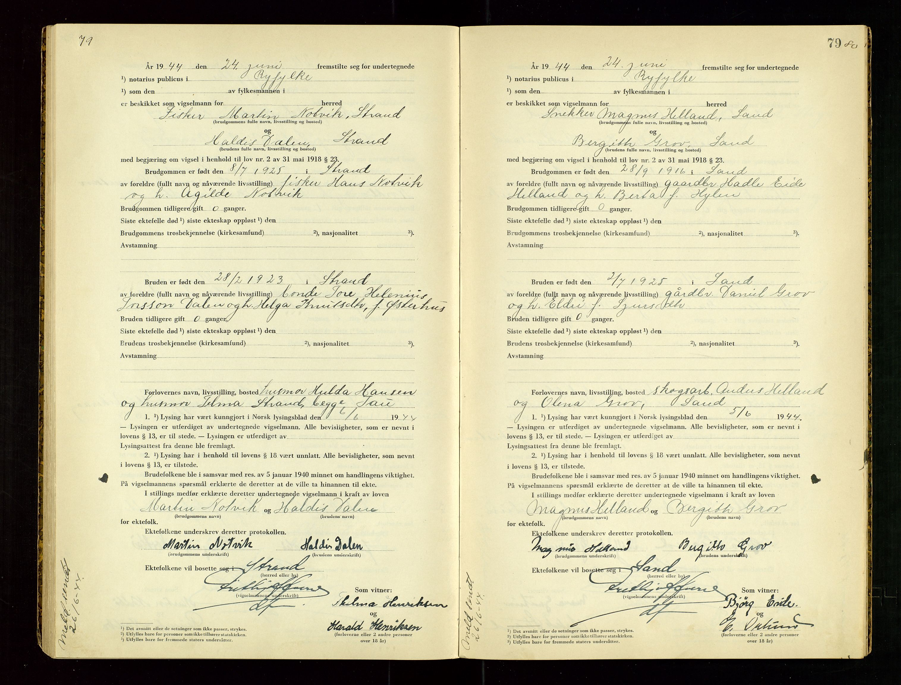 Ryfylke tingrett, AV/SAST-A-100055/001/III/IIIC/L0003: Vigselbok, 1943-1944, s. 79