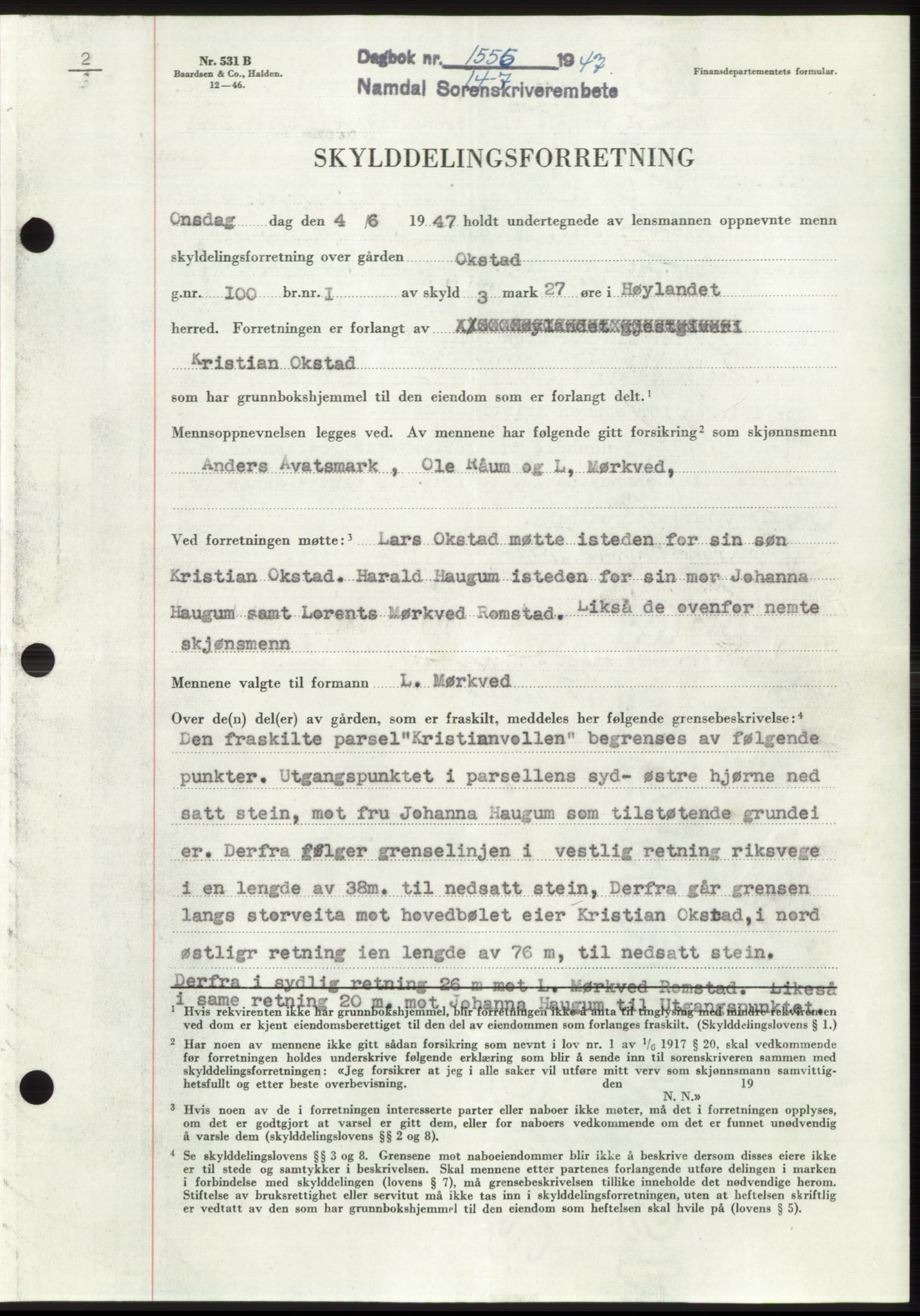 Namdal sorenskriveri, SAT/A-4133/1/2/2C: Pantebok nr. -, 1947-1947, Dagboknr: 1555/1947