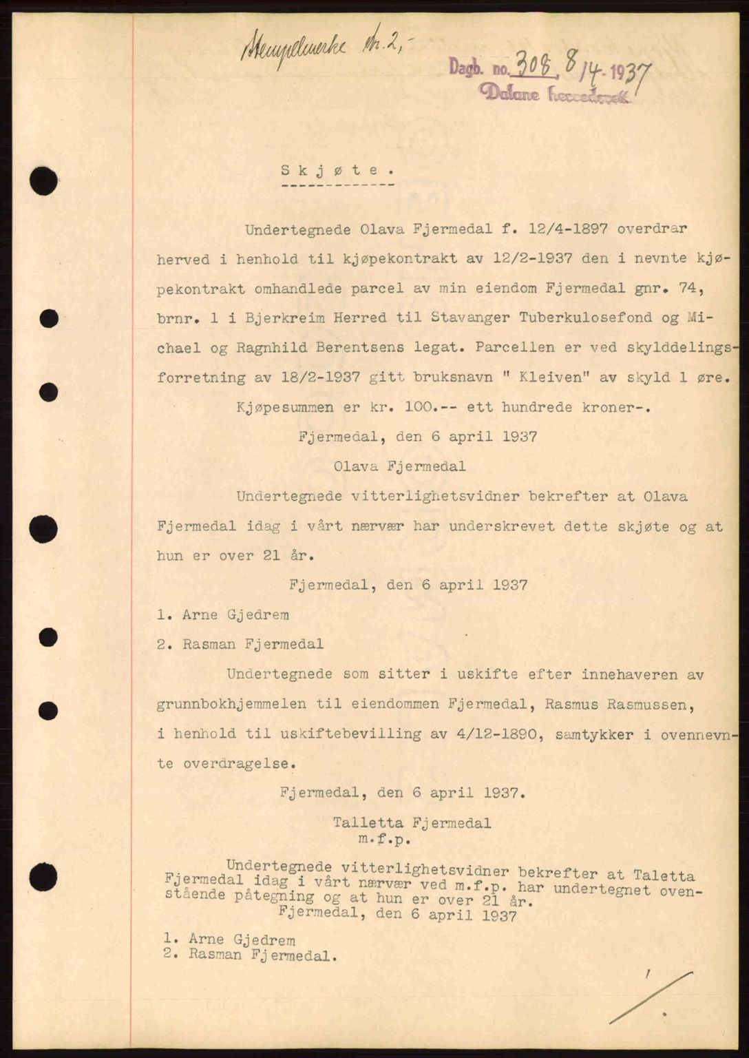 Dalane sorenskriveri, SAST/A-100309/02/G/Gb/L0041: Pantebok nr. A2, 1936-1937, Dagboknr: 308/1937