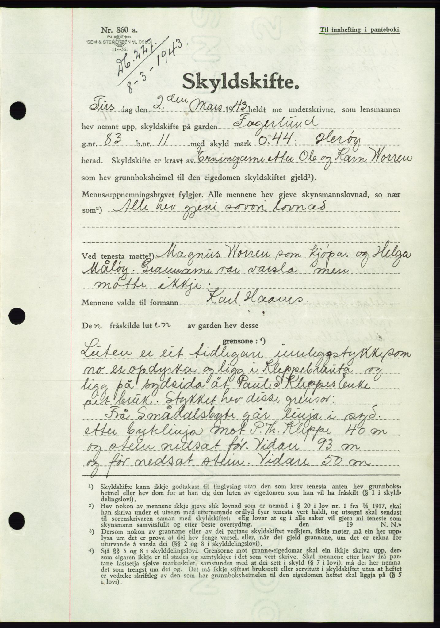 Søre Sunnmøre sorenskriveri, AV/SAT-A-4122/1/2/2C/L0075: Pantebok nr. 1A, 1943-1943, Dagboknr: 227/1943