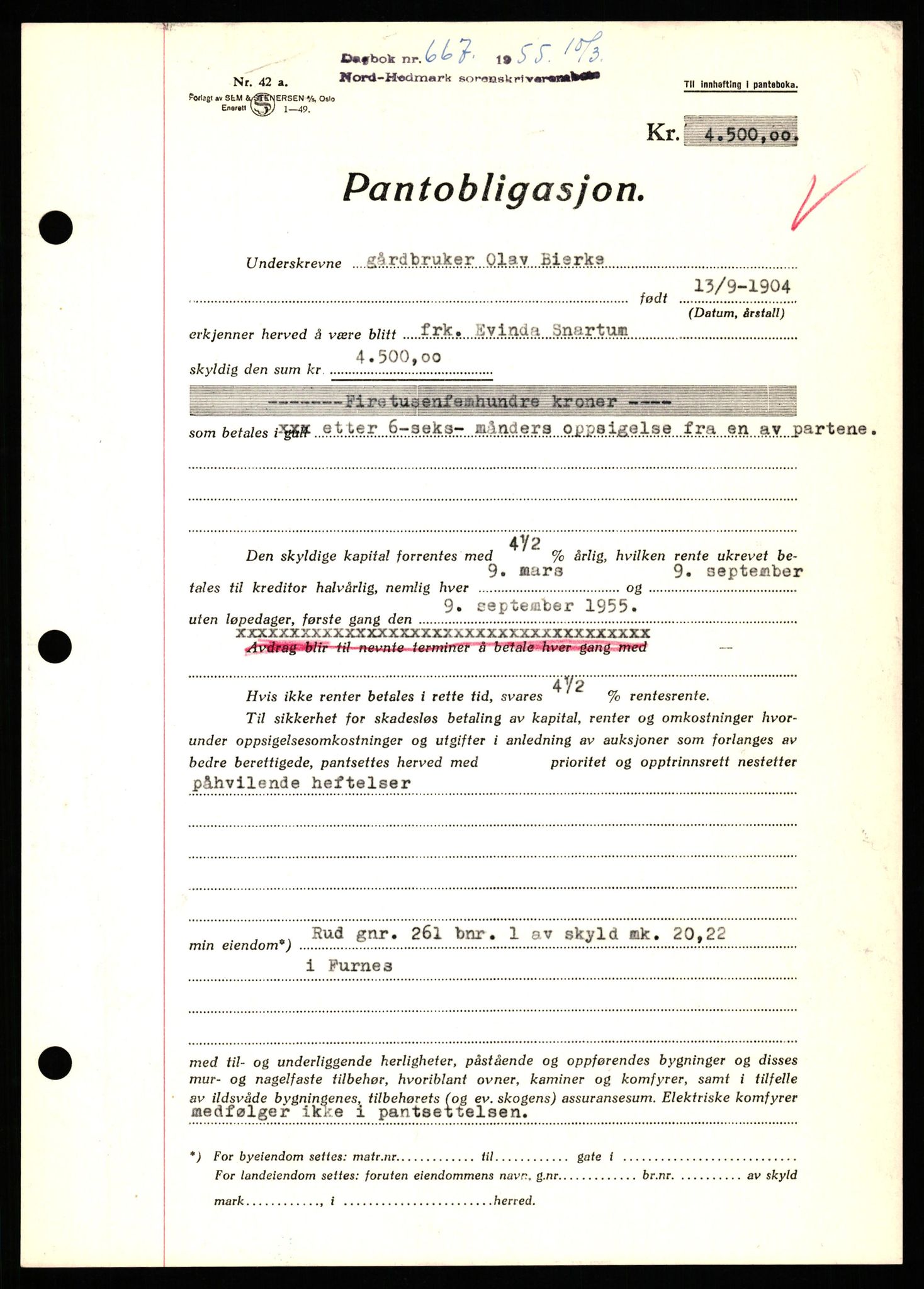 Nord-Hedmark sorenskriveri, SAH/TING-012/H/Hb/Hbf/L0032: Pantebok nr. B32, 1955-1955, Dagboknr: 667/1952