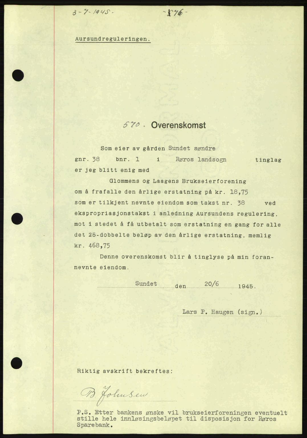 Gauldal sorenskriveri, SAT/A-0014/1/2/2C: Pantebok nr. A1a, 1945-1945, Dagboknr: 570/1945