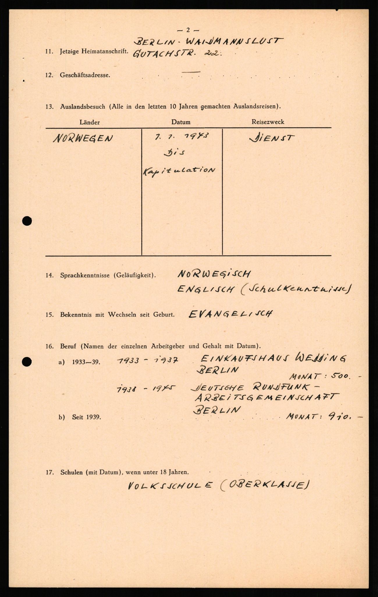 Forsvaret, Forsvarets overkommando II, AV/RA-RAFA-3915/D/Db/L0026: CI Questionaires. Tyske okkupasjonsstyrker i Norge. Tyskere., 1945-1946, s. 161