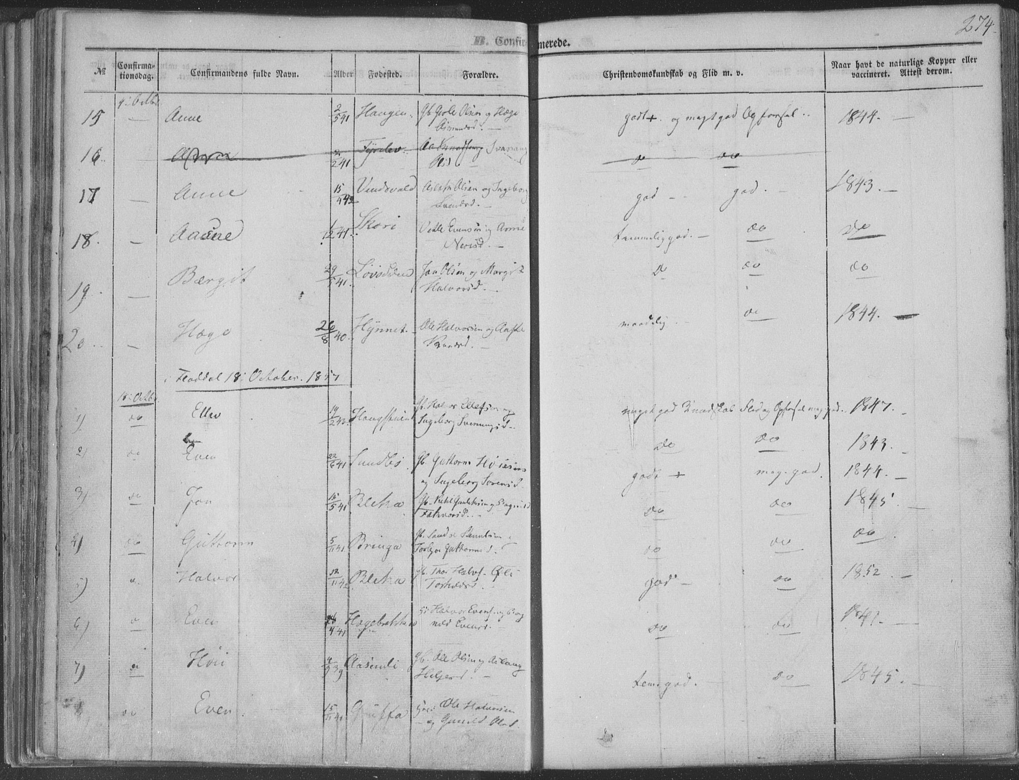 Seljord kirkebøker, SAKO/A-20/F/Fa/L012b: Ministerialbok nr. I 12B, 1850-1865, s. 274