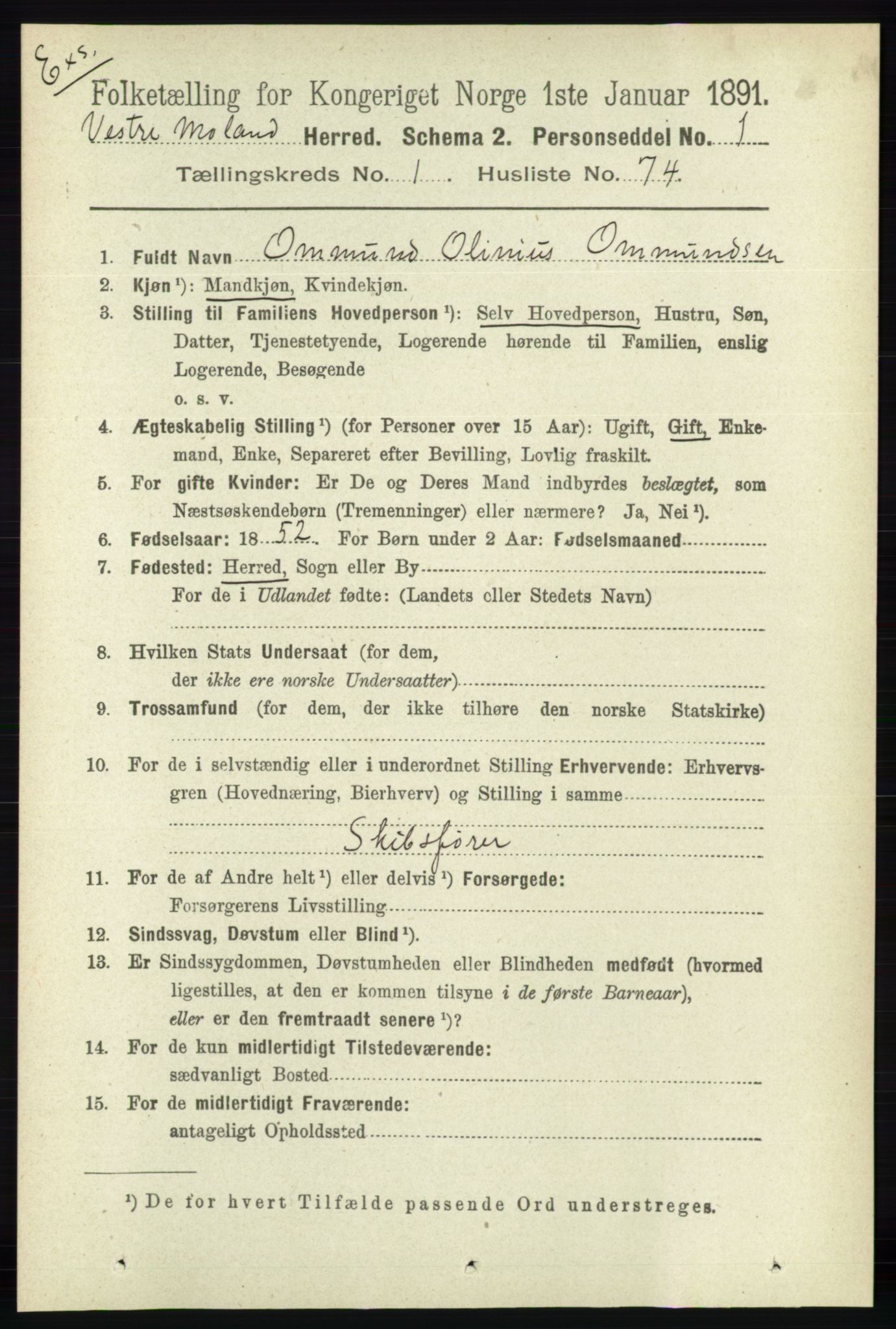 RA, Folketelling 1891 for Nedenes amt: Gjenparter av personsedler for beslektede ektefeller, menn, 1891, s. 798