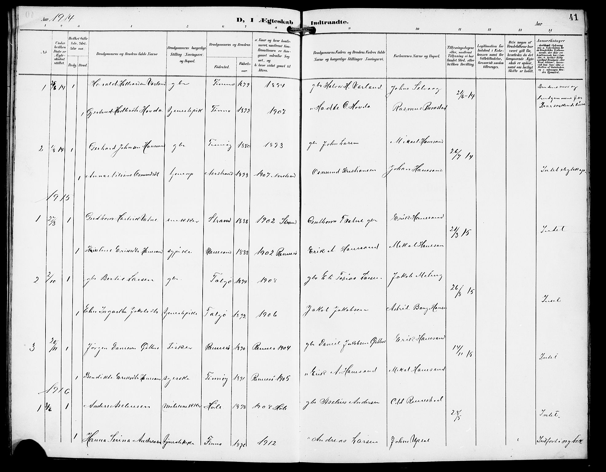 Finnøy sokneprestkontor, AV/SAST-A-101825/H/Ha/Hab/L0005: Klokkerbok nr. B 5, 1891-1916, s. 41