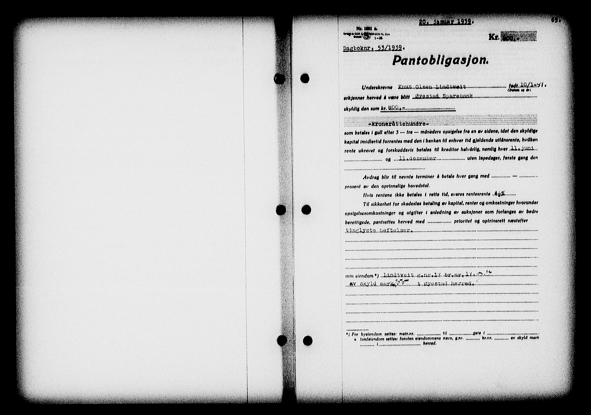 Nedenes sorenskriveri, SAK/1221-0006/G/Gb/Gba/L0046: Pantebok nr. 42, 1938-1939, Dagboknr: 53/1939