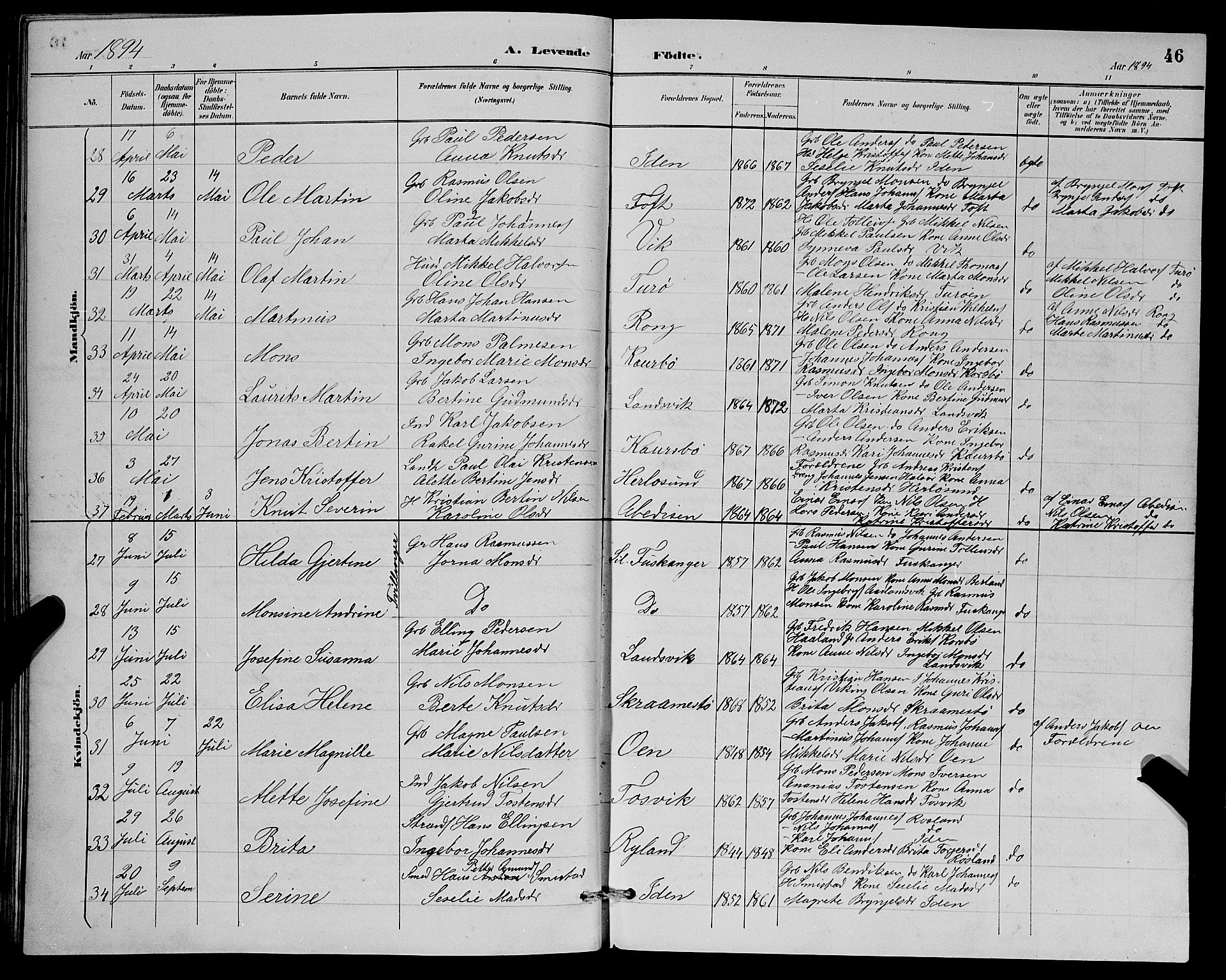 Herdla Sokneprestembete, AV/SAB-A-75701/H/Hab: Klokkerbok nr. A 3, 1889-1899, s. 46