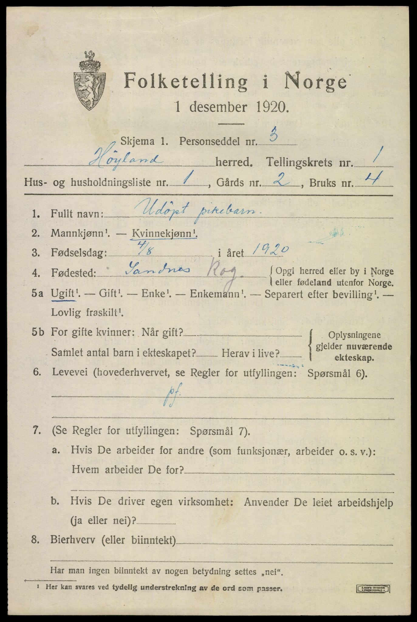 SAST, Folketelling 1920 for 1123 Høyland herred, 1920, s. 2436