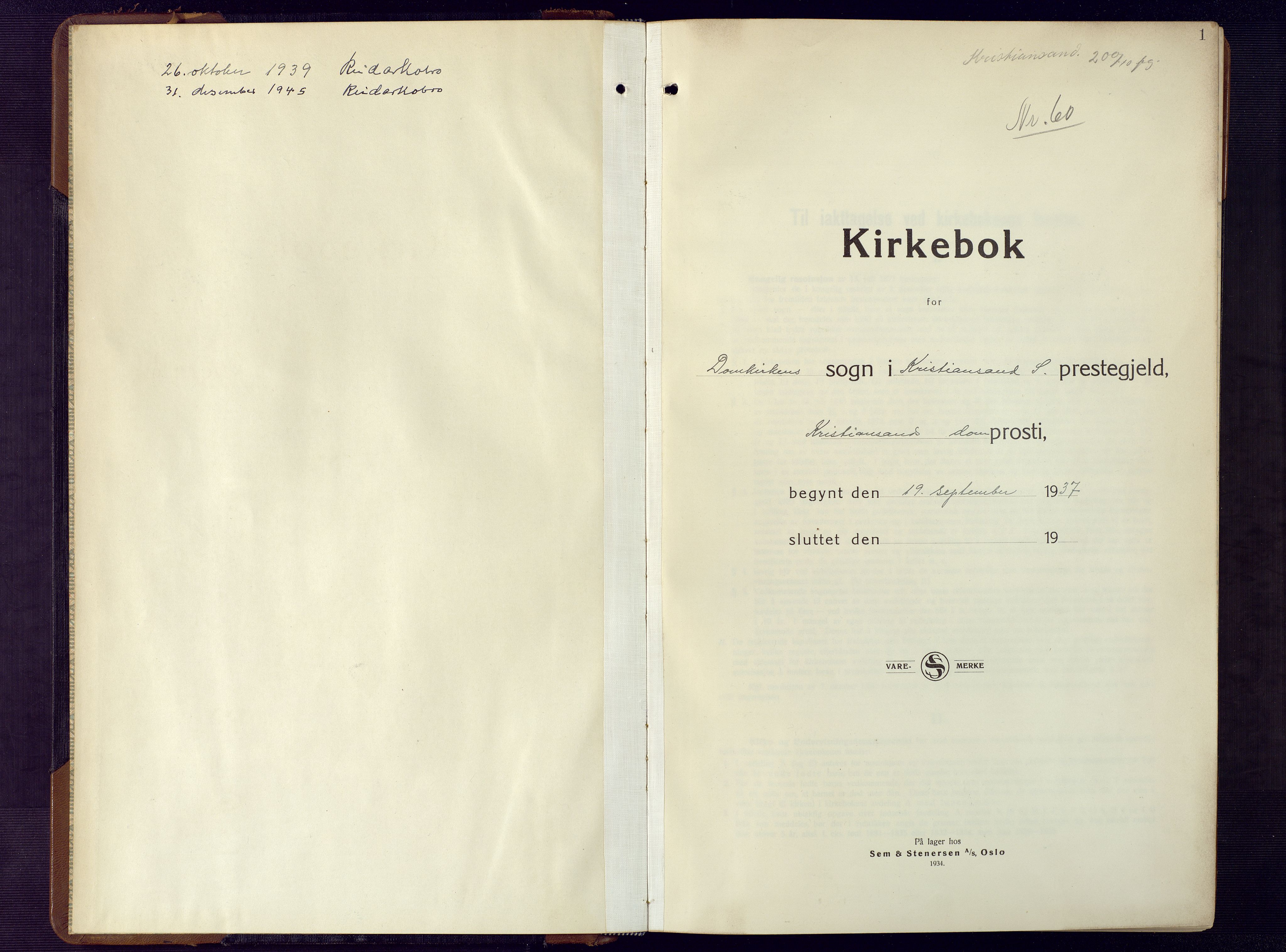 Kristiansand domprosti, SAK/1112-0006/F/Fb/L0029: Klokkerbok nr. B 29, 1937-1945, s. 1