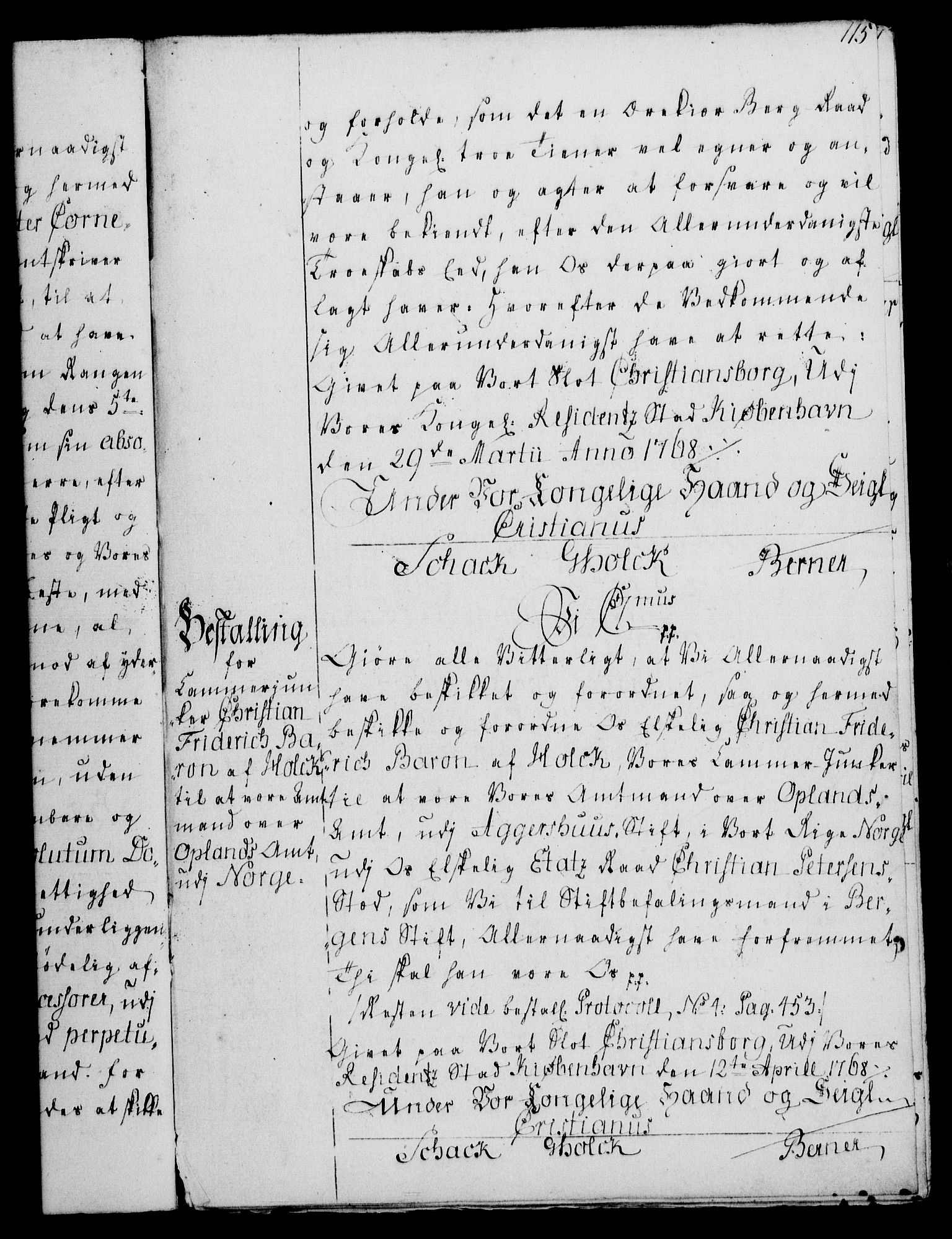 Rentekammeret, Kammerkanselliet, AV/RA-EA-3111/G/Gg/Gge/L0004: Norsk bestallingsprotokoll med register (merket RK 53.28), 1762-1771, s. 115