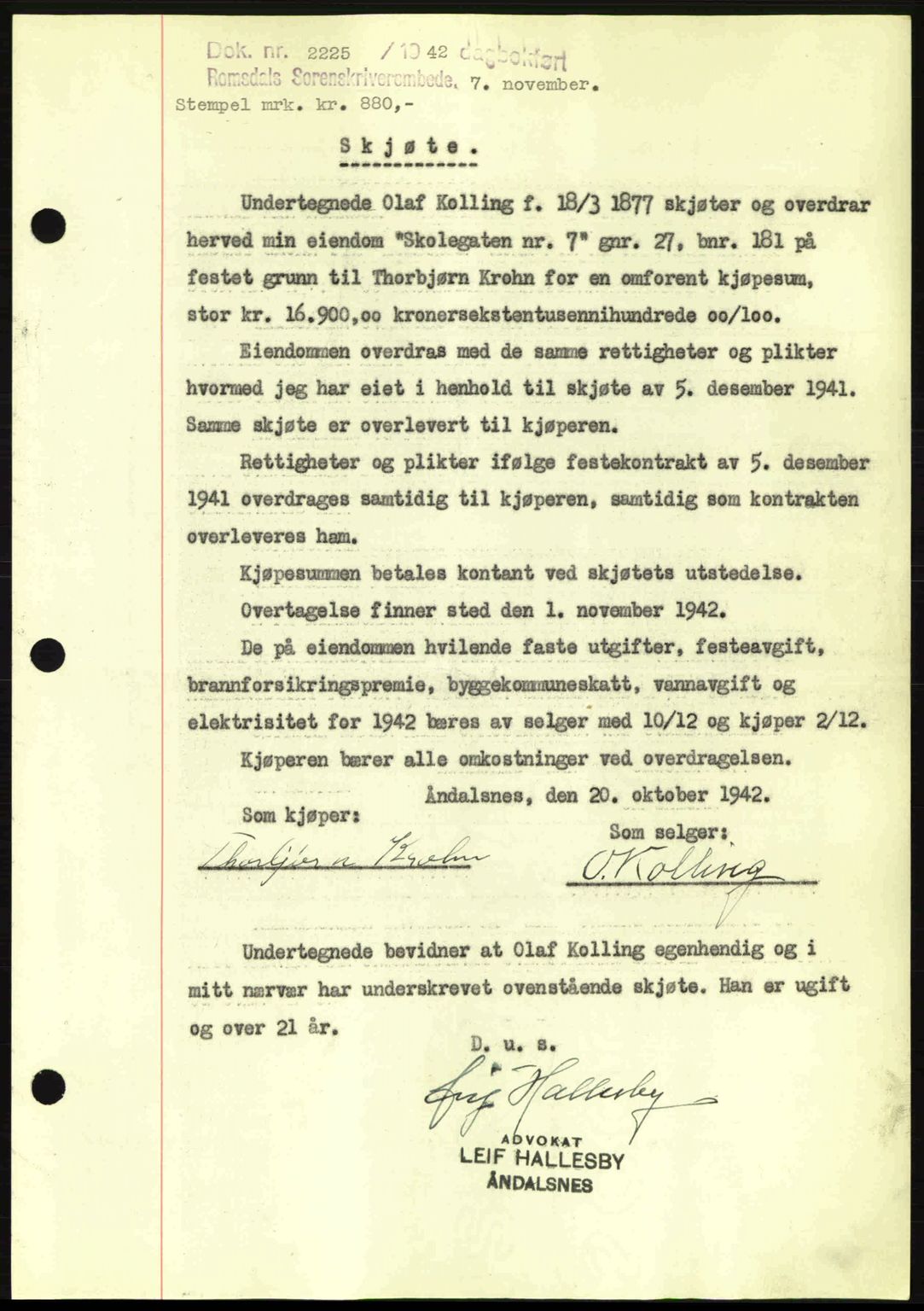 Romsdal sorenskriveri, SAT/A-4149/1/2/2C: Pantebok nr. A13, 1942-1943, Dagboknr: 2225/1942