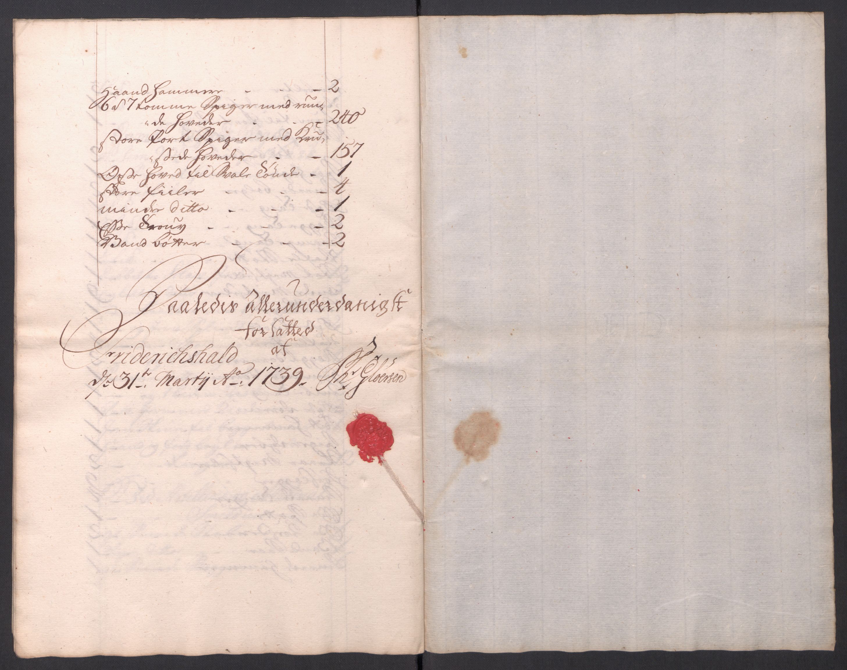 Kommanderende general (KG I) med Det norske krigsdirektorium, RA/EA-5419/D/L0154: Fredriksten festning: Brev, inventarfortegnelser og regnskapsekstrakter, 1730-1739, s. 729