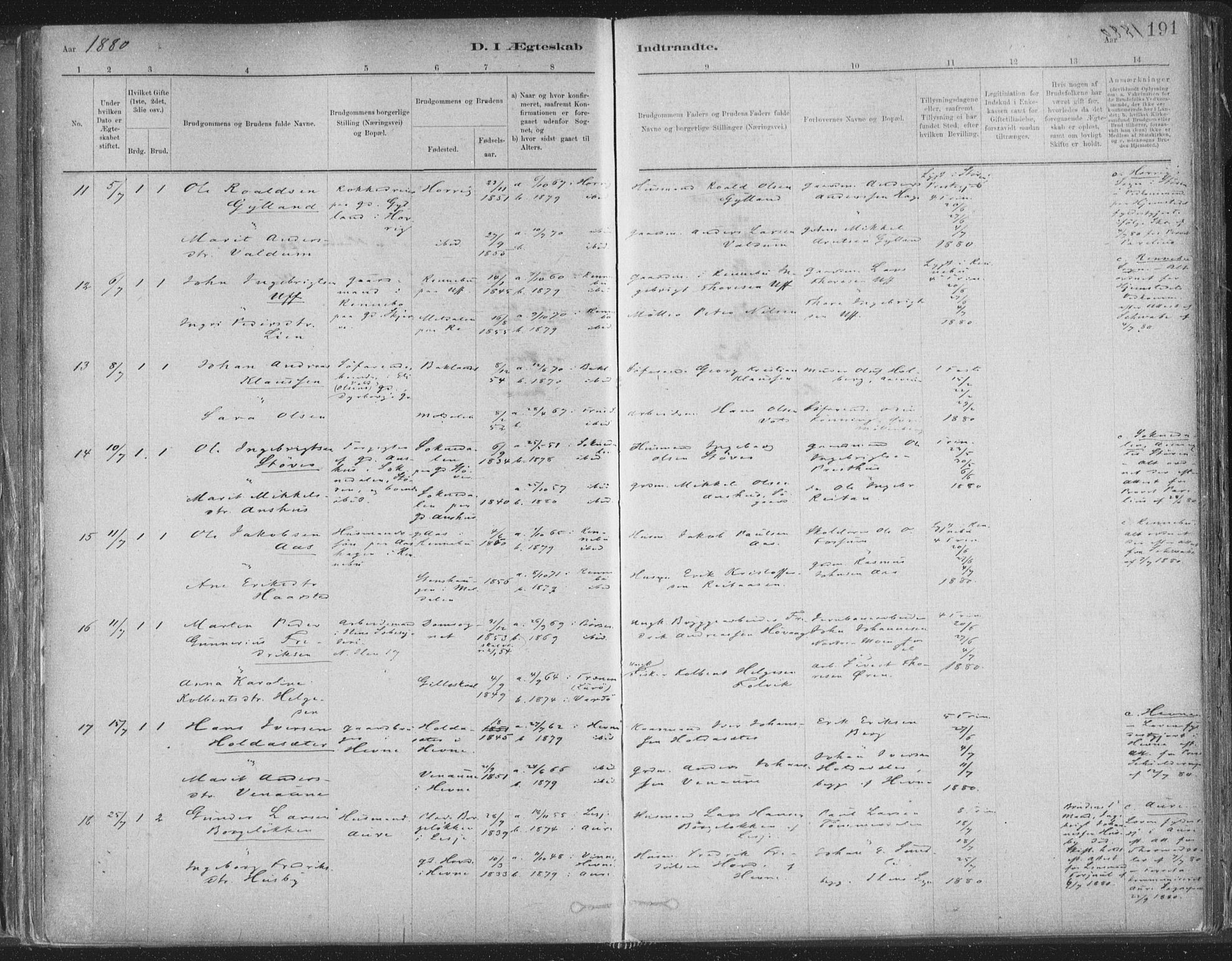 Ministerialprotokoller, klokkerbøker og fødselsregistre - Sør-Trøndelag, SAT/A-1456/603/L0162: Ministerialbok nr. 603A01, 1879-1895, s. 191