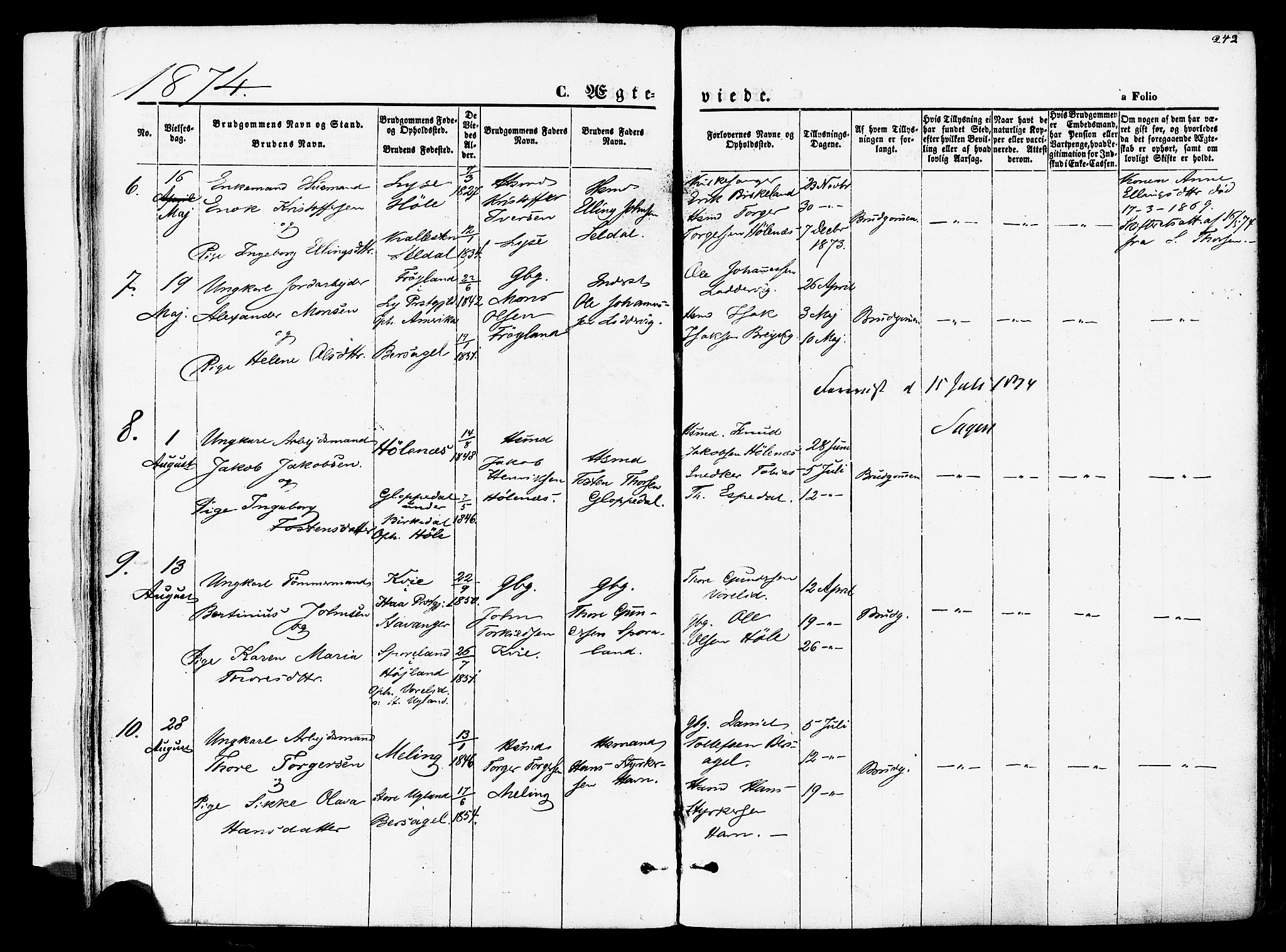 Høgsfjord sokneprestkontor, AV/SAST-A-101624/H/Ha/Haa/L0002: Ministerialbok nr. A 2, 1855-1885, s. 242