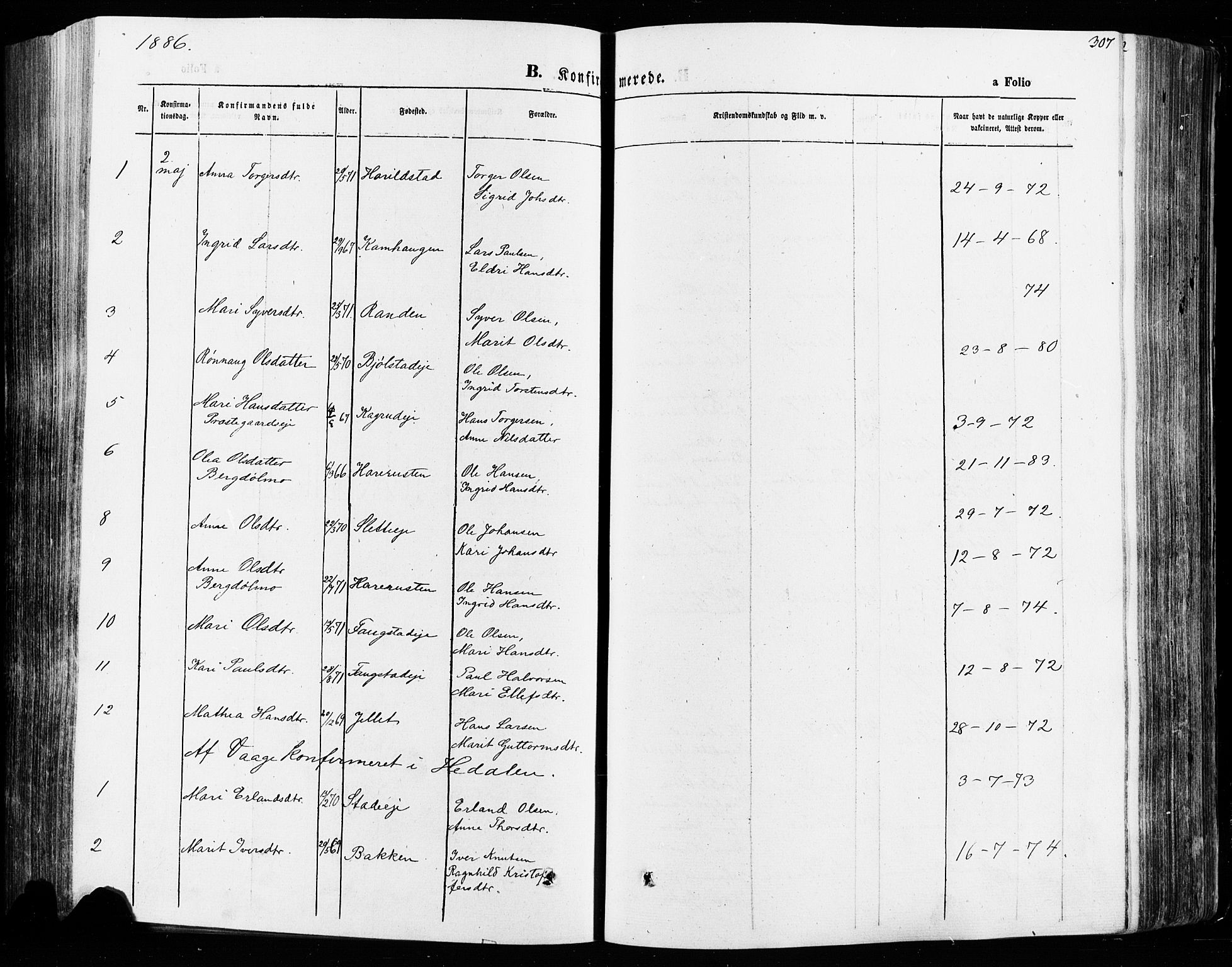Vågå prestekontor, AV/SAH-PREST-076/H/Ha/Haa/L0007: Ministerialbok nr. 7 /1, 1872-1886, s. 307
